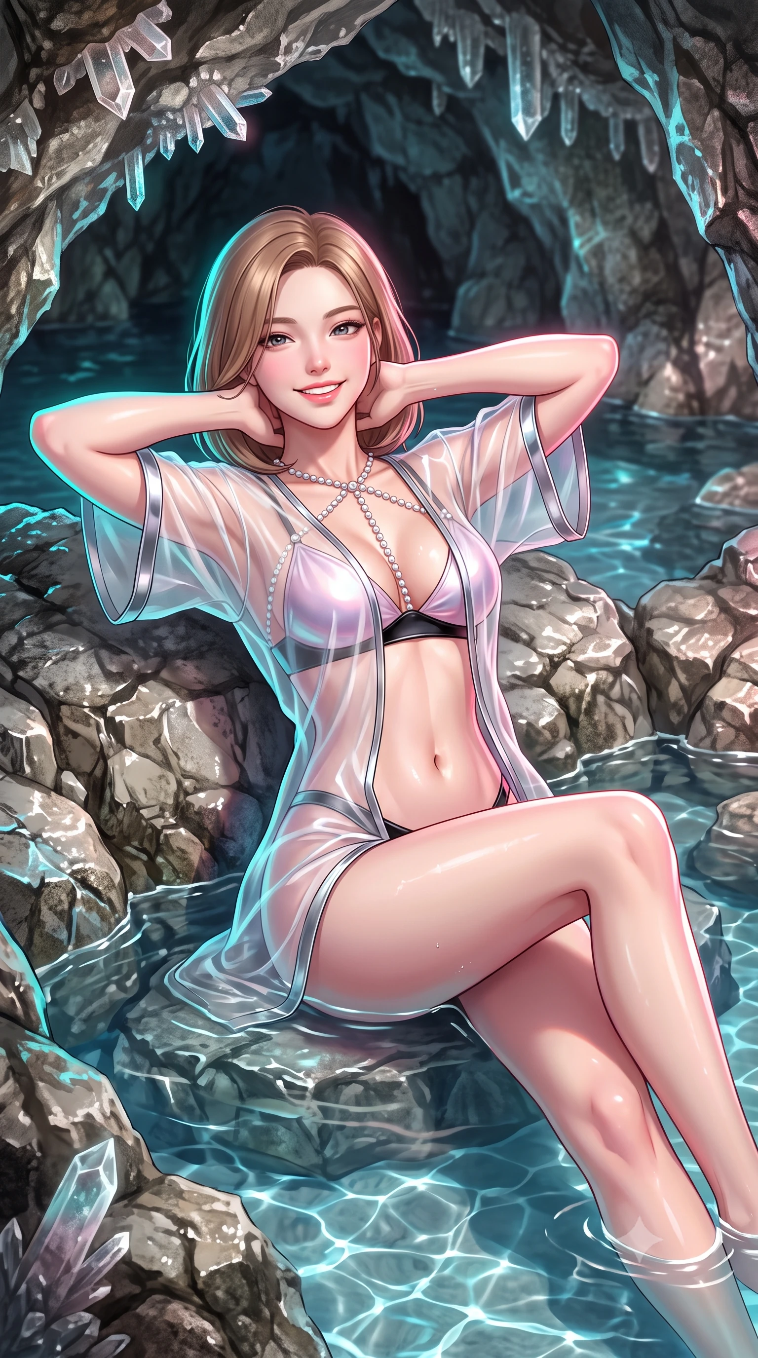 score_9, masterpiece, best quality, ultra-detailed, high-budget anime keyframe, semi-realistic 3D game render, editorial fashion photography, tasteful artistic composition, Korean woman. close-up cowboy shot from the waist and thighs up, the character dominates the composition, filling the frame with her large presence. resting both hands lightly behind her neck with elbows raised, arching her spine to highlight her narrow waist, flat midriff, and breathtaking collarbones while lounging in the natural rock pool with torso propped on one elbow with legs extended, displaying her long slender limbs and statuesque hourglass silhouette. The surrounding environment is rendered in vivid detail and crisp panoramic clarity: sharp wet limestone rock textures, mineral crystal formations on cave roof, and clear water meniscus boundaries in deep focus. She has an exceptionally elegant, slender, and willowy female figure with an ultra-slim waist, flat toned midriff, narrow ribcage, and sculpted feminine hips creating an alluring, slim hourglass silhouette without bulk. sharp v-shaped jawline, high-bridge nose, intricate jewel-like sparkling eyes with depth, thick eyelashes, glossy parted lips with a natural peach sheen, bright cheerful beaming smile with an enchanting and coquettish sensual glint, exuding both youthful cute charm and seductive allure, flawlessly proportioned anatomical accuracy, strict slender model proportions, natural body alignment, perfectly sculpted long slender limbs, ultra-slim waistline, clean dynamic posture without body distortion. wearing a delicate sheer organza futuristic caftan with metallic chrome accents worn open over a micro liquid-metal bralette in Kyoto moonlit sakura blush and polished urushi black, crafted from translucent silk organza with an ethereal crystalline sheen, accented with a pearl-drop body harness subtly framing her dewy collarbones and spine, the glove-like clinging cut tightly following the natural contour of her hips and long slender legs with youthful 8.5-heads elegance. illuminated by cave water caustics bounce and sharp electric-cyan and rose rim lights sculpting her cheekbones, flat midriff, and curvaceous hips. highly saturated vibrant anime colors, detailed shading with soft gradients, rich glossy textures, high-contrast stereoscopic depth, volumetric dynamic lighting, master piece, 9:16 ratio