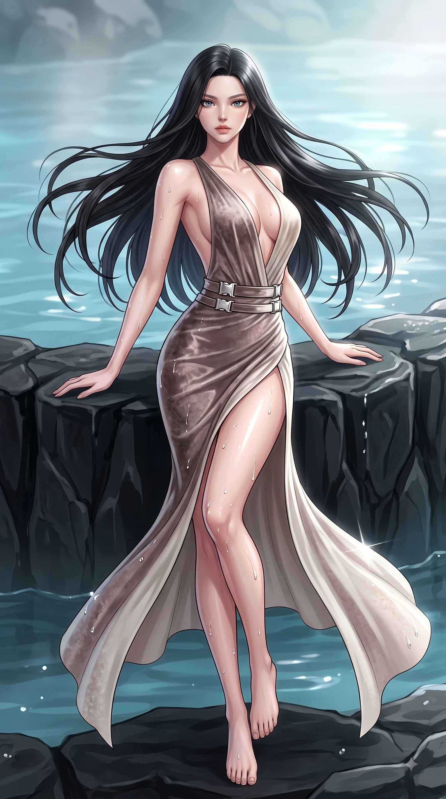 score_9, masterpiece, best quality, ultra-detailed, high-budget anime keyframe, editorial fashion photography, tasteful artistic composition, Korean woman. low angle full-body shot from head to toe showing her feet, filling the entire 9:16 vertical frame with her statuesque presence, stretching her vertical silhouette. pivoting dynamically in zero-gravity with fluid S-curve alignment, displaying her perfect model proportions while resting gracefully against a carved obsidian basalt rock edge in a private thermal hot spring, water droplets glistening on her skin and clothing with brilliant specular highlights. She has an absolutely perfect, statuesque 8.5-heads proportion, an exceptionally tall and slender model-like female figure with impossibly long slender legs and an ultra-slim waist. sharp v-shaped jawline, high-bridge nose, intricate jewel-like eyes with depth, thick eyelashes, glossy lips with a natural sheen, flawlessly proportioned anatomical accuracy, natural body alignment, perfectly sculpted elegant limbs, clean dynamic posture without body distortion. wearing a backless crushed velvet gown with a deep V-neckline and high thigh slit in muted taupe and soft ivory, formed from sleek second-skin neoprene, detailed with polished silver buckles along the waistline, the glove-like fit emphasizing her statuesque silhouette during motion. surrounded by a tranquil, spa-like aura with bright specular rim lights. highly saturated vibrant anime colors, detailed shading with soft gradients, rich glossy textures, high-contrast stereoscopic depth, volumetric dynamic lighting, master piece, 9:16 ratio