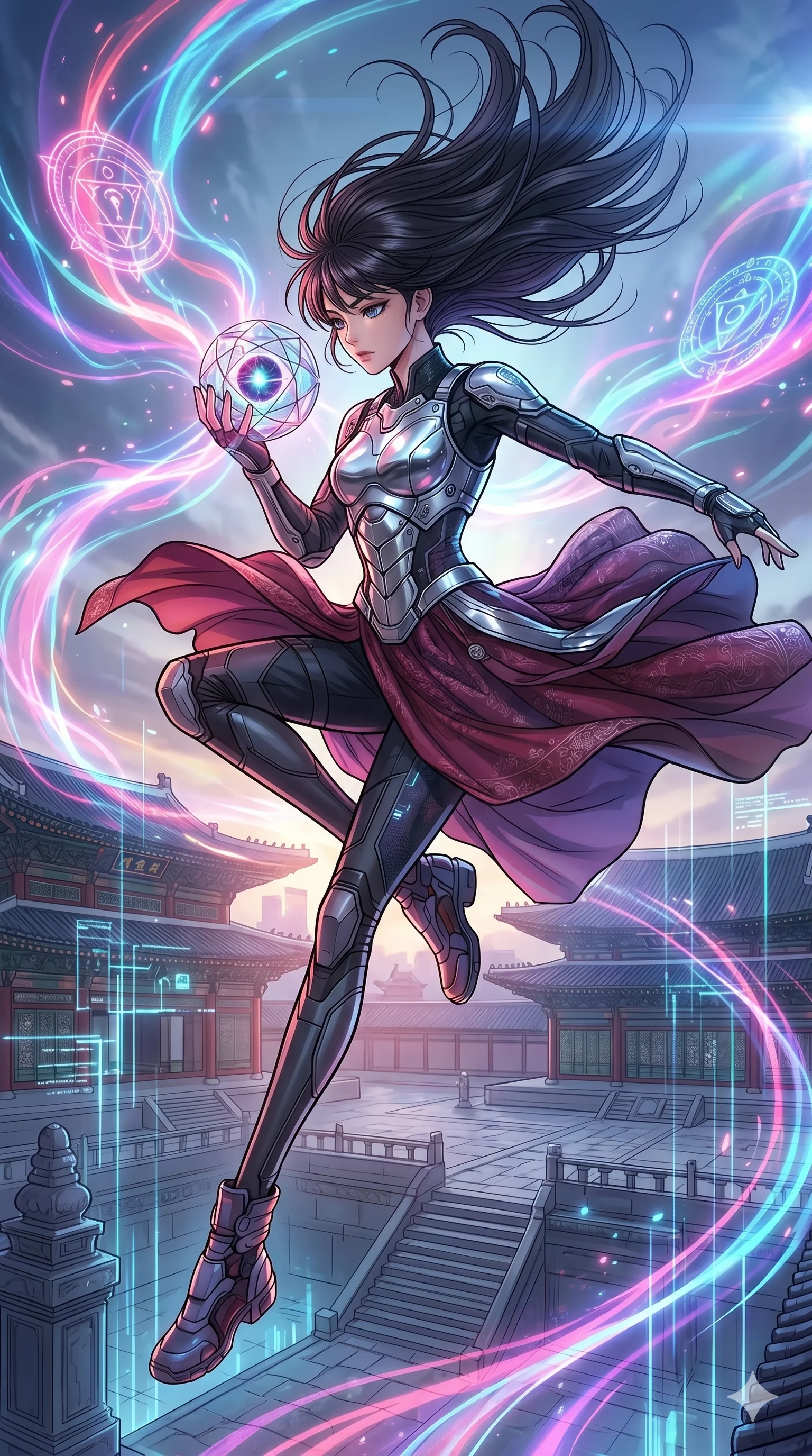 high-budget anime movie keyframe, cinematic anime lighting, intricate line art, Korean woman. Wide angle cinematic shot capturing a graceful leap. staring into a singularity held within a glass sphere. sharp v-shaped jawline, high-bridge nose, intricate jewel-like eyes, thick eyelashes, serene expression. Wearing Cyber-Tech Legacy: Modern tactical jumpsuit with detached sleeves and chrome-plated chestplate over silk robes. The scene is illuminated by dramatic atmospheric lighting and vibrant color palettes., 2k, ultra detail, master piece, 9:16 ratio