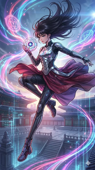 high-budget anime movie keyframe, cinematic anime lighting, intricate line art, Korean woman. Wide angle cinematic shot capturing a graceful leap. staring into a singularity held within a glass sphere. sharp v-shaped jawline, high-bridge nose, intric