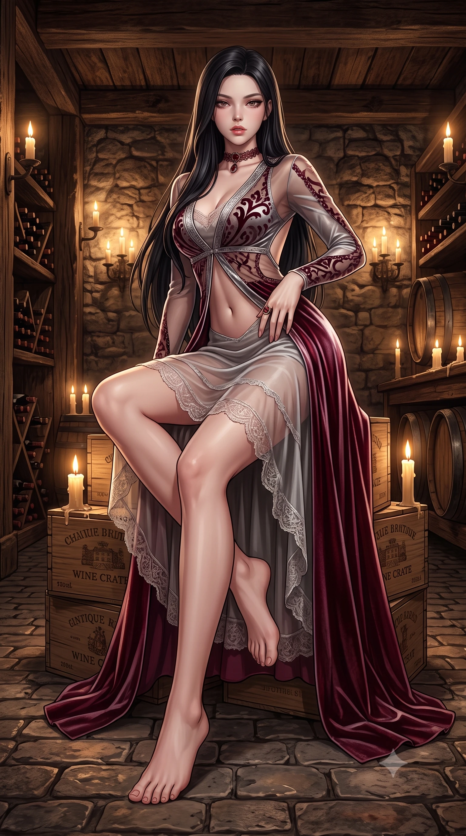 score_9, masterpiece, best quality, ultra-detailed, high-budget anime keyframe, semi-realistic 3D game render, editorial fashion photography, tasteful artistic composition, Korean woman. low angle full-body shot from head to toe showing her feet, filling the entire 9:16 vertical frame with her statuesque presence, stretching her vertical silhouette. sitting perched on the elevated edge with hips angled toward the camera and legs crossed, displaying her toned midriff and flawlessly sculpted slender limbs while reclining languidly atop stacked antique wine crates propped on one elbow, her curvy hips and long slender legs creating a breathtaking line in the candlelit cellar. The surrounding environment is rendered in vivid detail and crisp panoramic clarity. rich high-contrast French château chiaroscuro and decadent underground winery aesthetics rendered with precision. She has an absolutely perfect, statuesque 8.5-heads proportion, an exceptionally tall and slender model-like female figure with impossibly long slender legs, a toned flat midriff, an ultra-slim waist, and beautifully sculpted feminine hips. sharp v-shaped jawline, high-bridge nose, intricate jewel-like eyes with depth, thick eyelashes, glossy parted lips with a natural sheen, intensely captivating and seductive bedroom-eyes expression, flawlessly proportioned anatomical accuracy, strict slender model proportions, natural body alignment, perfectly sculpted long slender limbs, ultra-slim waistline, clean dynamic posture without body distortion. wearing a sheer vintage lace-trimmed slip dress layered under a sweeping silk velvet robe with high leg cut in shimmering silver mercury and wine burgundy, made of sheer contouring power-mesh with velvet flocking patterns, complemented by a bold antique garnet choker and sparkling cocktail ring, the precision-cut side openings and low-back scoop framing her graceful spine and the sensual sweep of her hips. illuminated by rich specular rim lights defining her razor-sharp jawline, narrow waist, and curvy hips. highly saturated vibrant anime colors, detailed shading with soft gradients, rich glossy textures, high-contrast stereoscopic depth, volumetric dynamic lighting, master piece, 9:16 ratio