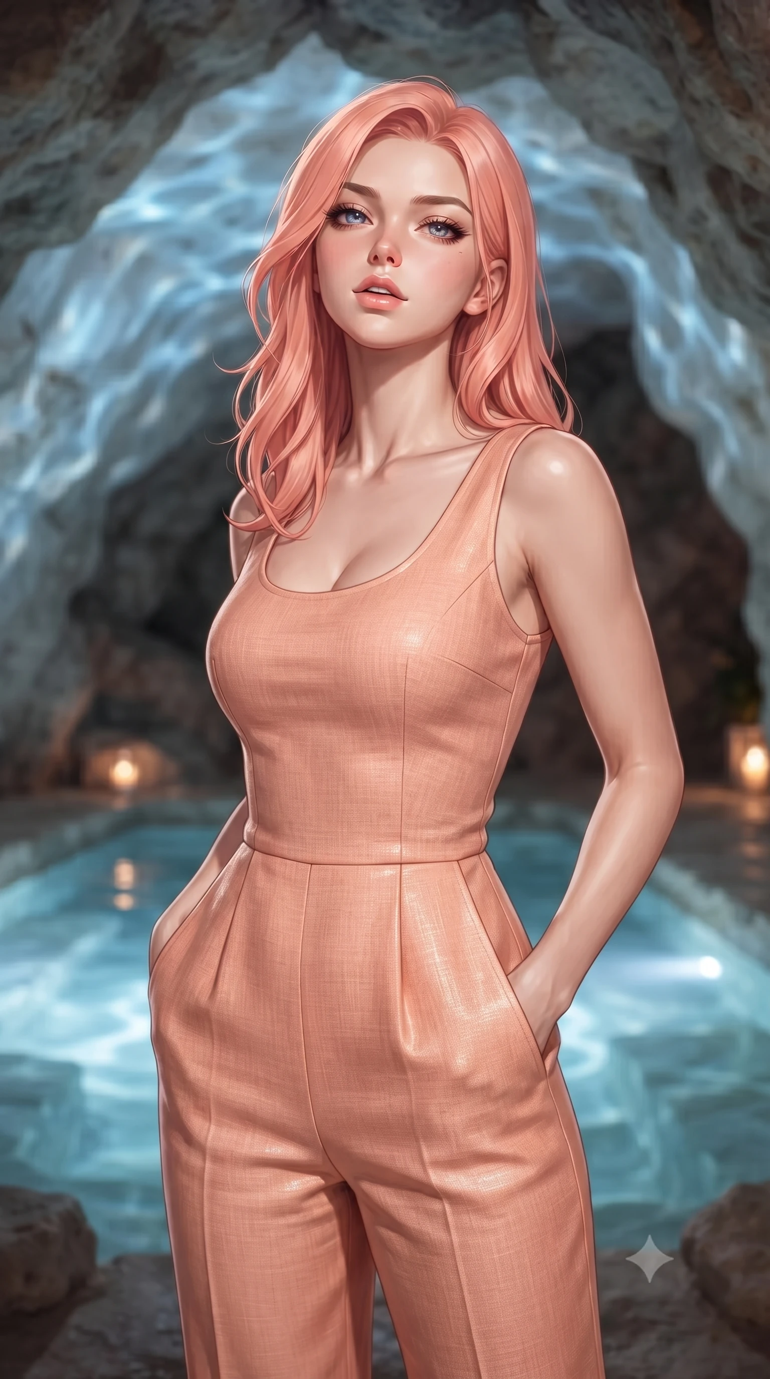 score_9, masterpiece, best quality, ultra-detailed, high-budget anime keyframe, editorial fashion photography, tasteful artistic composition, Japanese woman woman. close-up cowboy shot from the waist and thighs up, the character dominates the composition, filling the frame with her large presence, background elements kept in soft focus. tilting her chin up slightly with lips parted in a composed, provocative expression the background shows a soft-focus a private stone bath pool built inside a natural rock cave with clear mineral water. She has an exceptionally elegant, slender, and willowy female figure with an ultra-slim waist, a gracefully sculpted slender torso, and a refined silhouette. sharp v-shaped jawline, high-bridge nose, intricate jewel-like eyes with depth, thick eyelashes, glossy lips with a natural sheen. wearing a tailored modern linen jumpsuit in soft peach, featuring a comfortable scoop neckline and side pockets. soft blue light reflecting from the pool water onto the rocky cave ceiling. ultra-reflective glossy finish, specular highlights, metallic sheen, high-contrast stereoscopic depth, volumetric dynamic lighting, 2k, ultra detail, master piece, 9:16 ratio