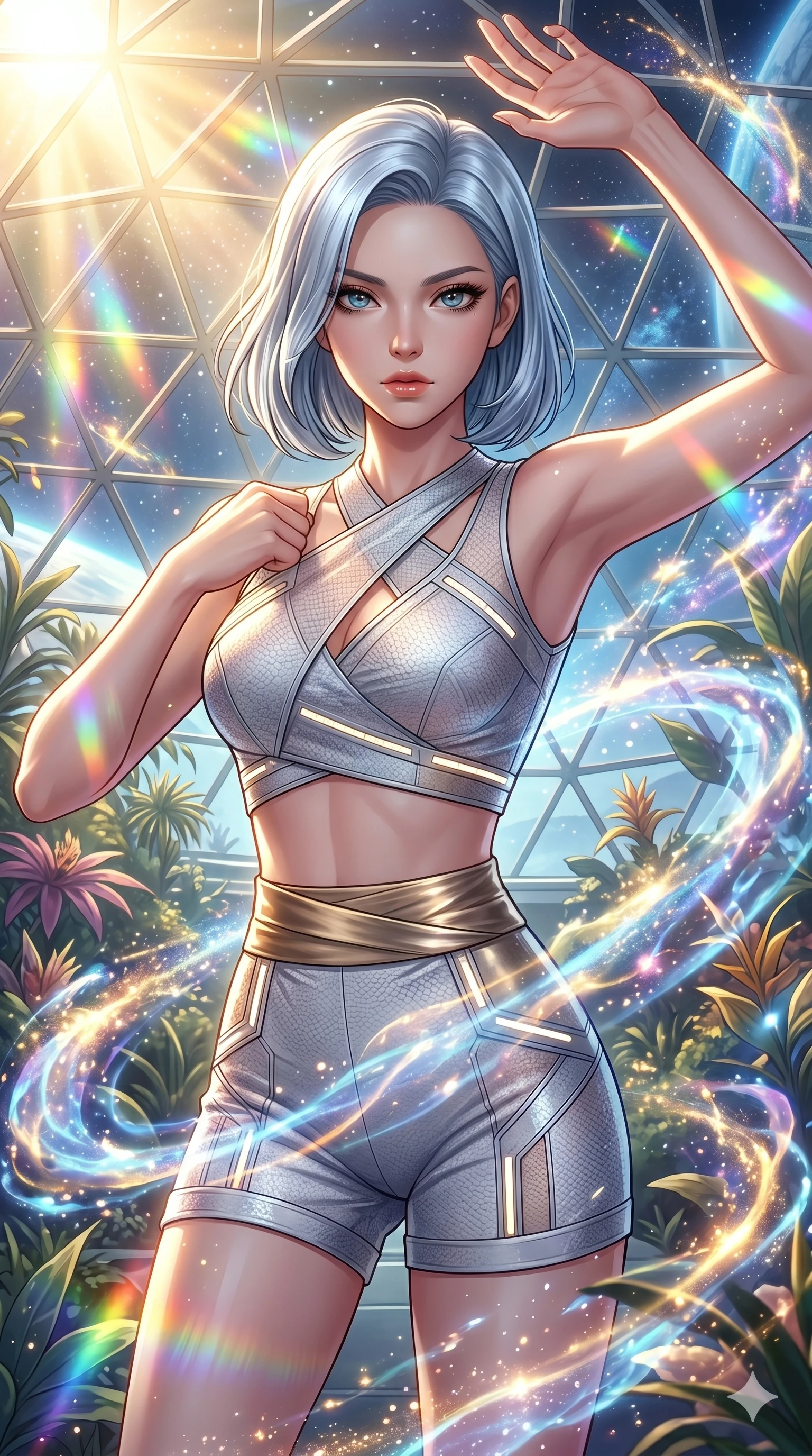 score_9, masterpiece, best quality, ultra-detailed, high-budget anime keyframe, Korean woman. Upper body close-up from the thighs up, character filling the screen for maximum presence. She is posing with dynamic energy as glowing cosmic stardust and floating nebulae swirl around her inside a sunlit orbital conservatory. She looks toward the camera with a captivating, intense gaze. She has an absolutely perfect 8-heads proportion, a tall and elegant figure with a refined silhouette and a defined waistline. V-shaped jawline, high-bridge nose, intricate jewel-like eyes with depth, thick eyelashes, glossy lips with a natural sheen. She is wearing a cropped cyber-fusion wrap top with delicate textured panels, a geometric crossover collar, and a high-waisted metallic sash highlighting her defined waistline. The scene is bathed in brilliant, high-contrast golden solar rays and refracting rainbow lens flares. 2k, ultra detail, master piece, 9:16 ratio