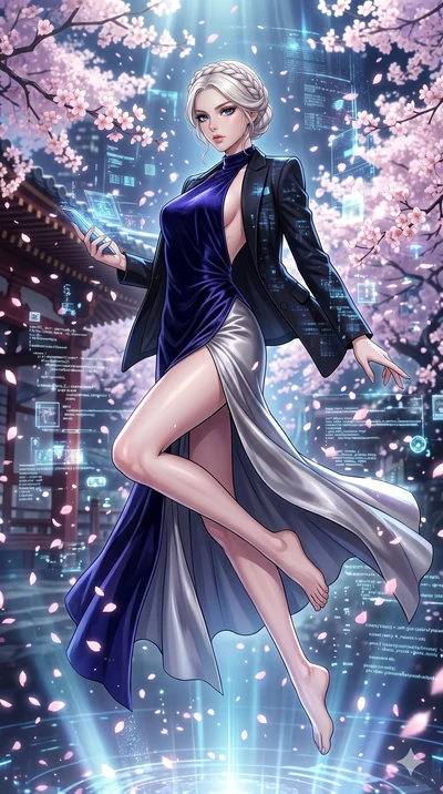 score_9, masterpiece, best quality, ultra-detailed, high-budget anime movie keyframe, cinematic anime lighting, intricate line art, Japanese woman. Mid-air action shot capturing a graceful twist and vertical silhouette. leaping through a blizzard of 