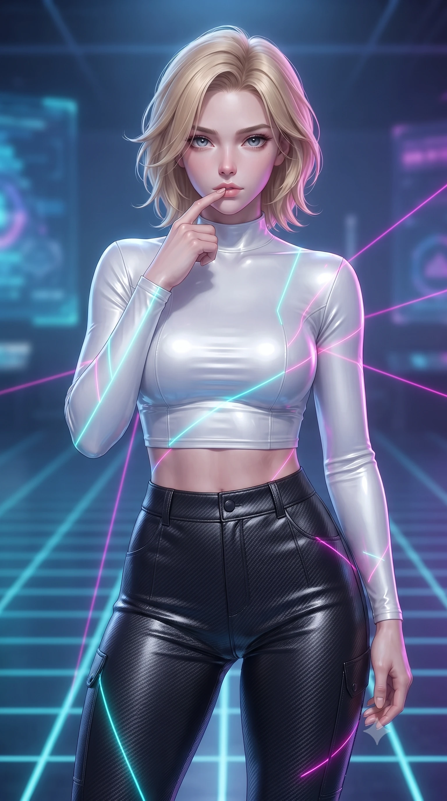 score_9, masterpiece, best quality, ultra-detailed, high-budget anime keyframe, editorial fashion photography, tasteful artistic composition, Caucasian woman. close-up cowboy shot from the waist and thighs up, the character dominates the composition, filling the frame with her large presence, background elements kept in soft focus. pressing one finger to her bottom lip in a thoughtful, composed gesture, locking eyes with the viewer, the background shows a soft-focus a futuristic virtual training room with an infinite neon grid floor. She has an exceptionally elegant, slender, and willowy female figure with an ultra-slim waist, a gracefully sculpted slender torso, and a refined silhouette. sharp v-shaped jawline, high-bridge nose, intricate jewel-like eyes with depth, thick eyelashes, glossy lips with a natural sheen. wearing a tailored body-hugging long-sleeve tactical crop top in pure white, paired with high-waisted black carbon-weave skinny pants. bright cyan and magenta laser lines projecting neon patterns across her form. ultra-reflective glossy finish, specular highlights, metallic sheen, high-contrast stereoscopic depth, volumetric dynamic lighting, 2k, ultra detail, master piece, 9:16 ratio