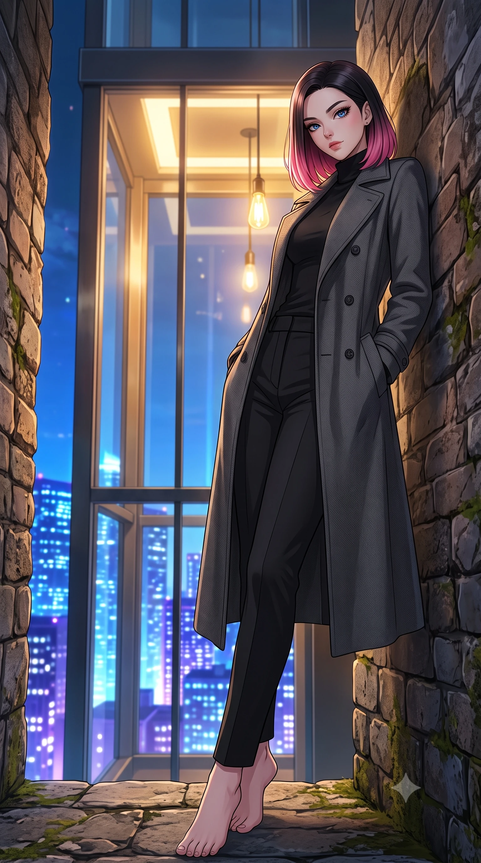score_9, masterpiece, best quality, ultra-detailed, high-budget anime keyframe, tasteful artistic composition, Korean woman. low angle full-body shot from head to toe showing her feet, filling the entire 9:16 vertical frame with her statuesque presence, stretching her vertical silhouette. leaning back against a rustic stone wall, casting a slow, alluring gaze at the camera the background shows a soft-focus a high-rise vehicle elevator with glass walls showing the city lights below. She has an absolutely perfect, statuesque 8.5-heads proportion, an exceptionally tall and slender model-like female figure with impossibly long slender legs and an ultra-slim waist. sharp v-shaped jawline, high-bridge nose, intricate jewel-like eyes with depth, thick eyelashes, glossy lips with a natural sheen. wearing a tailored tailored wool trench coat in charcoal grey, worn closed over a black cashmere turtleneck and trousers. glittering blue and violet city skyline lights contrasting with warm elevator lights. highly saturated vibrant anime colors, cel-shading, 2d style, master piece, 9:16 ratio
