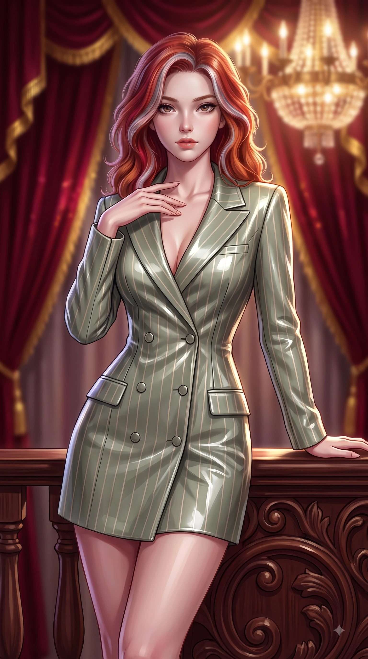 score_9, masterpiece, best quality, ultra-detailed, high-budget anime keyframe, editorial fashion photography, tasteful artistic composition, Caucasian woman. close-up cowboy shot from the waist and thighs up, the character dominates the composition, filling the frame with her large presence, background elements kept in soft focus. Pivoting her torso in an alluring S-curve alignment, one hand gently tracing her collarbone with poise while leaning gracefully against a carved mahogany balustrade under a majestic chandelier glow, rich crimson velvet curtains catching dramatic gold-leaf trim highlights. She has an exceptionally elegant, slender, and willowy female figure with an ultra-slim waist, a gracefully sculpted slender torso, and a refined silhouette. sharp v-shaped jawline, high-bridge nose, intricate jewel-like eyes with depth, thick eyelashes, glossy lips with a natural sheen, flawlessly proportioned anatomical accuracy, natural body alignment, perfectly sculpted elegant limbs, clean dynamic posture without body distortion. wearing a double-breasted blazer dress with subtle metallic pin-stripes in sage green and oatmeal, tailored from high-gloss patent leather, accented with a Tasteful chest slit framing her clavicle gracefully, the sleek second-skin texture accentuating her magnetic presence. illuminated by radiant cosmic nebula light and warm golden chandelier glow. ultra-reflective glossy finish, specular highlights, metallic sheen, high-contrast stereoscopic depth, volumetric dynamic lighting, 2k, ultra detail, master piece, 9:16 ratio