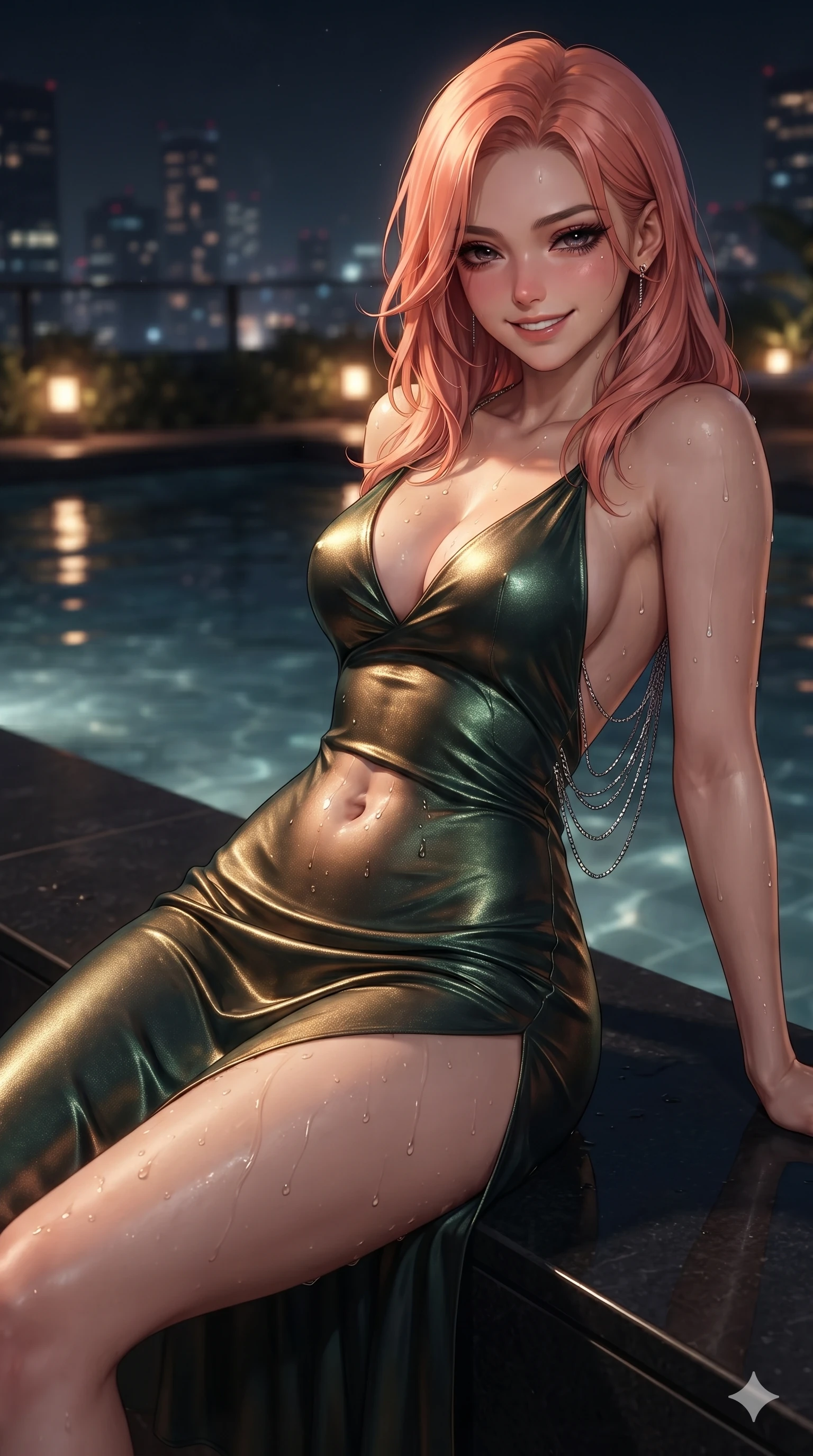 score_9, masterpiece, best quality, ultra-detailed, high-budget anime keyframe, editorial fashion photography, tasteful artistic composition, Japanese woman. close-up cowboy shot from the waist and thighs up, the character dominates the composition, filling the frame with her large presence. smiling with quiet, magnetic self-assurance directly into the camera with heavy-lidded sparkling eyes while lounging back against the smooth black basalt pool coping with legs extended, water droplets glistening across her flat midriff and curvy hips. The background shows a soft-focus exclusive penthouse rooftop pool softened in metropolitan nocturnal shallow focus. She has an exceptionally elegant, slender, and willowy female figure with an ultra-slim waist, flat toned midriff, narrow ribcage, and sculpted feminine hips creating an alluring, slim hourglass silhouette without bulk. sharp v-shaped jawline, high-bridge nose, intricate jewel-like dark sparkling eyes with hypnotic seductive depth, thick curled eyelashes, glossy parted lips with a natural wine sheen, alluring bedroom-eyes with an enigmatic smoldering smile, exuding magnetic sovereign charisma and dark avant-garde glamour, flawlessly proportioned anatomical accuracy, strict slender model proportions, natural body alignment, perfectly sculpted long slender limbs, ultra-slim waistline, clean dynamic posture without body distortion. wearing a provocative backless liquid lamé slip dress with plunging neckline and hip-high thigh slit in deep velvet forest green and antique brass, tailored from smooth liquid silk satin that clings smoothly to her narrow waist and rounded hips with a dewy sheen, accented with an open-back drape framed by falling strands of delicate chrome chains, accentuating her gracefully sculpted slender torso and statuesque proportions. illuminated by low warm amber garden lights and distant city skyglow reflecting off still pool waters. ultra-reflective glossy finish, specular highlights, metallic sheen, high-contrast stereoscopic depth, volumetric dynamic lighting, 2k, ultra detail, master piece, 9:16 ratio