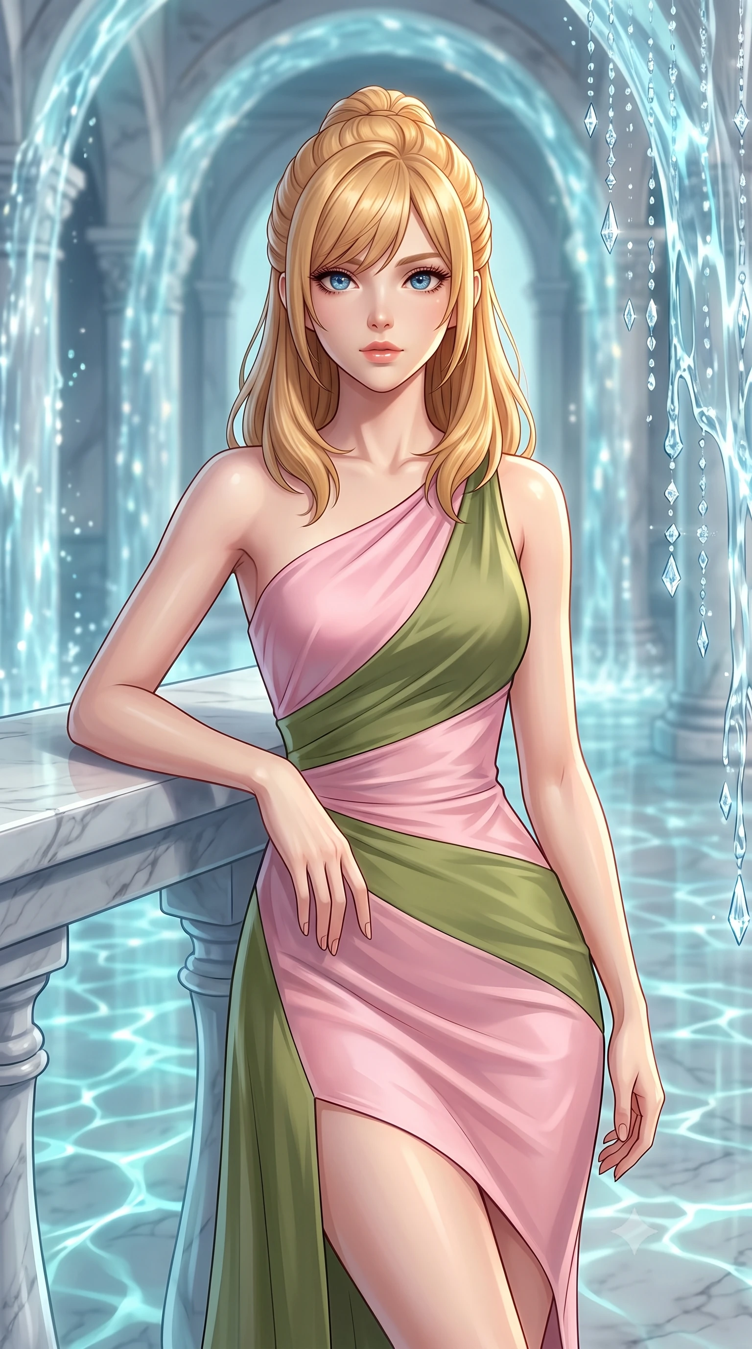 score_9, masterpiece, best quality, ultra-detailed, high-budget anime keyframe, editorial fashion photography, tasteful artistic composition, Caucasian woman, strictly human ears. close-up cowboy shot from the waist and thighs up, the character dominates the composition, filling the frame with her large presence, background elements kept in soft focus. Resting one arm elegantly against a surface with a poised relaxed stance. set against a soft-focus background of a celestial palace where water defies gravity and falls upward in shimmering reverse cascades forming archways columns and curtains of suspended crystalline water that catch and bend starlight. She has an exceptionally elegant and slender, willowy female figure with an ultra-slim waist, a gracefully sculpted slender torso, and a refined slim physique. sharp v-shaped jawline, high-bridge nose, intricate jewel-like eyes with depth, thick eyelashes, glossy lips with a natural sheen. wearing a sleek asymmetric one-shoulder dress in pastel pink and olive green silk, following her slender frame with sharp lines. starlight refracting through the upward-flowing water creating constantly shifting caustic light patterns on the palace marble floors and walls in cool aqua tones. 2k, ultra detail, master piece, 9:16 ratio