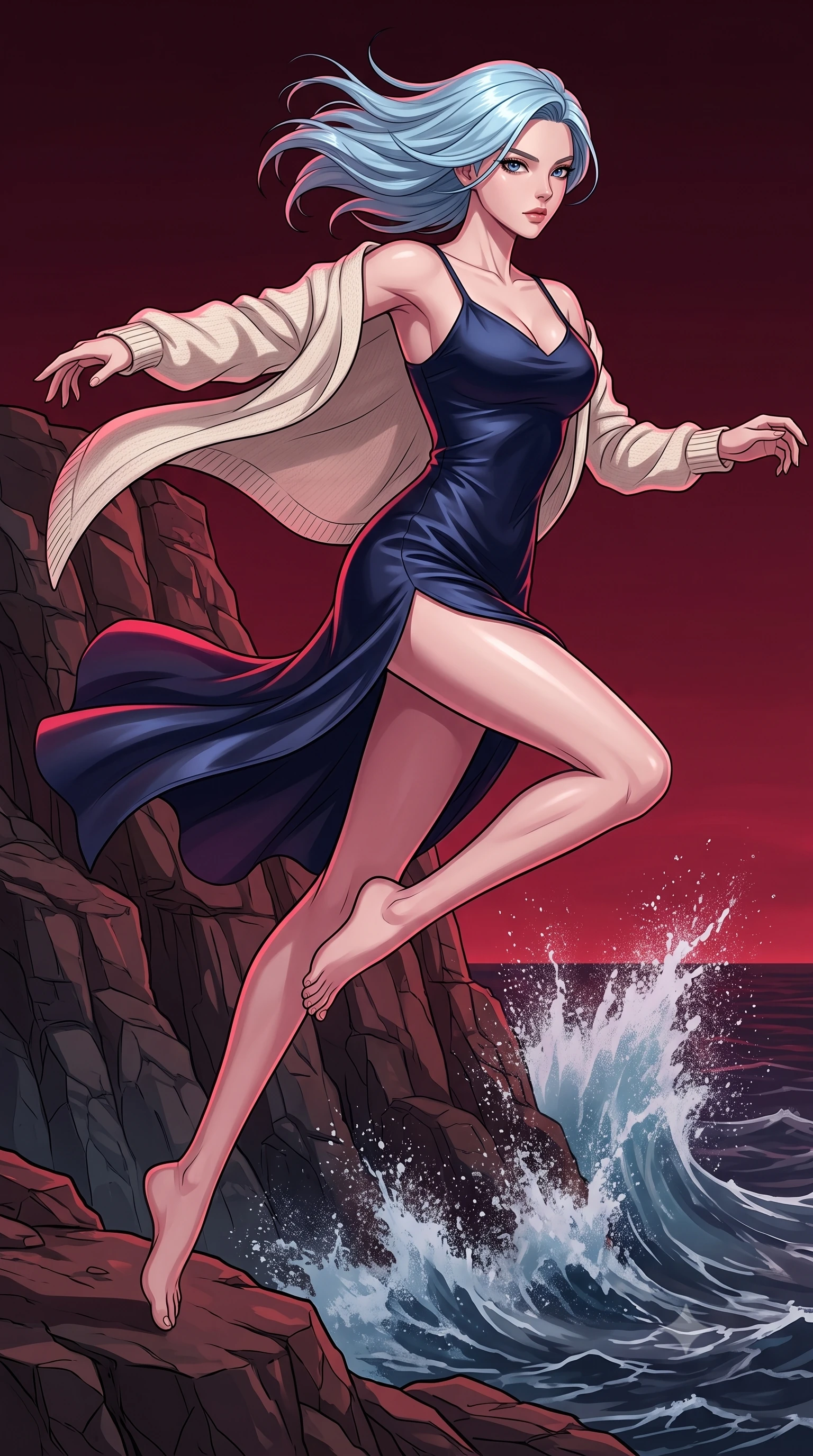 score_9, masterpiece, best quality, ultra-detailed, high-budget anime keyframe, clean line-art, cel-shading, Korean woman. low angle full-body shot from head to toe showing her feet, filling the entire 9:16 vertical frame with her statuesque presence, stretching her vertical silhouette. leaping dynamically high in the air while slicing forward with wind-whipped hair through a rocky cliffside overlooking a dark ocean, where giant waves smash against the stone base, spraying seawater high into the air. She has a statuesque 8.5-heads proportion, an exceptionally tall, slender and willowy model-like build with impossibly long legs and a highly sculpted ultra-slim waist. sharp v-shaped jawline, high-bridge nose, intricate jewel-like eyes with depth, thick eyelashes, glossy lips with a natural sheen. wearing the lightweight fabric rippling and billowing dramatically with her movement, a slim-fit deep navy silk slip midi dress featuring a tasteful side thigh slit, layered with a soft cream knit shawl. deep crimson theatrical lighting with sharp specular highlights on every curve. highly saturated vibrant anime colors, intense vivid color palette, volumetric dynamic lighting, 2k, ultra detail, master piece, 9:16 ratio