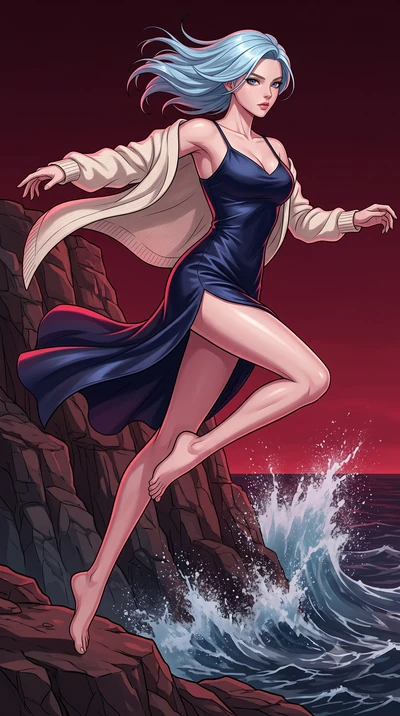 score_9, masterpiece, best quality, ultra-detailed, high-budget anime keyframe, clean line-art, cel-shading, Korean woman. low angle full-body shot from head to toe showing her feet, filling the entire 9:16 vertical frame with her statuesque presence