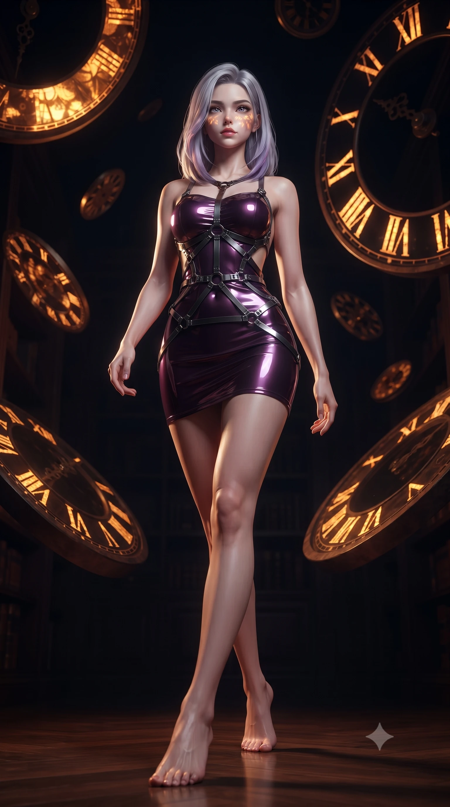 score_9, masterpiece, best quality, ultra-detailed, high-budget anime keyframe, editorial fashion photography, tasteful artistic composition, Caucasian woman. low angle full-body shot from head to toe showing her feet, filling the entire 9:16 vertical frame with her statuesque presence, stretching her vertical silhouette. navigating the midnight sanctuary with an effortless, graceful stride, navigating an antique dark mahogany archives room filled with floating clock parts, glowing amber Roman numerals casting warm light across her face. She has an absolutely perfect, statuesque 8.5-heads proportion, an exceptionally tall and slender model-like female figure with impossibly long slender legs and an ultra-slim waist. sharp v-shaped jawline, high-bridge nose, intricate jewel-like eyes with depth, thick eyelashes, glossy lips with a natural sheen. wearing backless liquid vinyl mini slip dress with bare shoulder neckline in dark plum violet, made of liquid dark mercury jersey, highlighted by a gunmetal metallic harness structure, highlighting her statuesque proportions and ultra-slim waistline. lit by intense golden clockwork key light against cold midnight darkness. ultra-reflective glossy finish, specular highlights, metallic sheen, high-contrast stereoscopic depth, volumetric dynamic lighting, 2k, ultra detail, master piece, 9:16 ratio