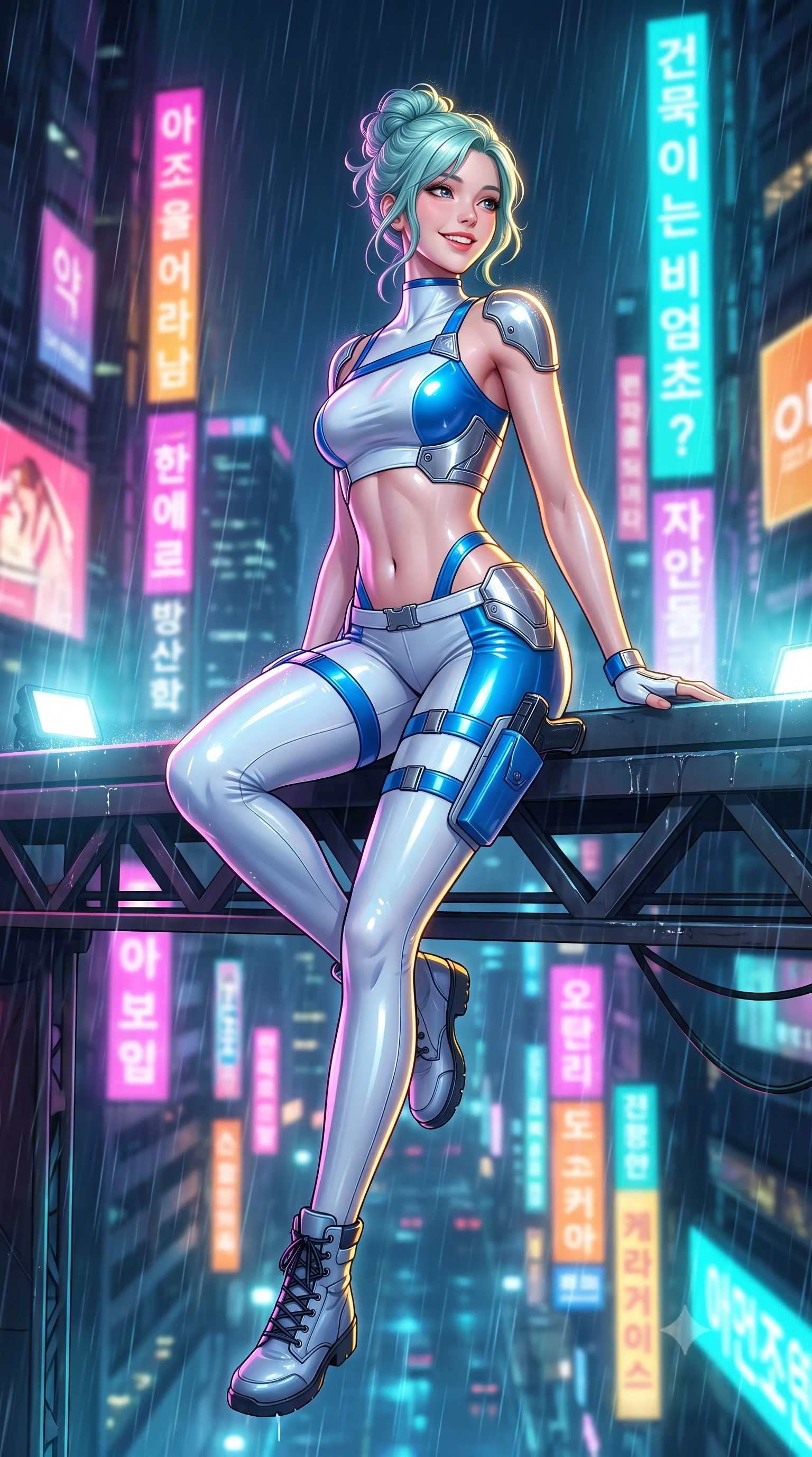 score_9, masterpiece, best quality, ultra-detailed, high-budget anime keyframe, semi-realistic 3D game render, editorial fashion photography, tasteful artistic composition, Japanese woman. low angle full-body shot from head to toe showing her feet, filling the entire 9:16 vertical frame with her statuesque presence, stretching her vertical silhouette. sitting perched on the elevated maintenance gantry edge with legs crossed and hips angled toward the camera, displaying her toned midriff and long slender limbs with joyful, coquettish charm while walking dynamically across the wet tarmac while glancing back, her tailored combat suit hugging her curves in the neon-lit downpour. The background shows a soft-focus towering futuristic Neo-Seoul mega-skyscrapers with vertical Korean holographic billboards blurred into magenta, amber, and laser turquoise bokeh. She has an absolutely perfect, statuesque 8.5-heads proportion, an exceptionally tall and slender model-like female figure with impossibly long slender legs, an ultra-slim waist, a flat toned midriff, narrow delicate ribcage, and beautifully sculpted feminine hips creating a graceful, slim hourglass silhouette without any bulky heaviness. sharp v-shaped jawline, high-bridge nose, intricate jewel-like sparkling eyes with depth, thick eyelashes, glossy parted lips with a natural sheen, bright confident smile with an enchanting and coquettish sensual glint, exuding both youthful magnetic charm and sovereign high-tech allure, flawlessly proportioned anatomical accuracy, strict slender model proportions, natural body alignment, perfectly sculpted long slender limbs, ultra-slim waistline, clean dynamic posture without body distortion. wearing a high-tech mechanic crop top with asymmetric shoulder straps paired with ultra-fitted tactical hot-pants and thigh holsters in arctic snowflake white and electric plasma blue, tailored from ultra-reflective glossy liquid vinyl with mirror-like specular highlights, accented with strategically placed chrome armor plate guards covering key curves, the liquid-tight tailored fabric clinging flawlessly to her narrow waist and rounded feminine hips, emphasizing every millimeter of her sculpted slim hourglass curves without any bulky heaviness. illuminated by helipad floodlights and sharp golden rim lights defining her sculpted collarbones, ultra-slim waist, and curvy hips. highly saturated vibrant anime colors, detailed shading with soft gradients, rich glossy textures, high-contrast stereoscopic depth, volumetric dynamic lighting, master piece, 9:16 ratio