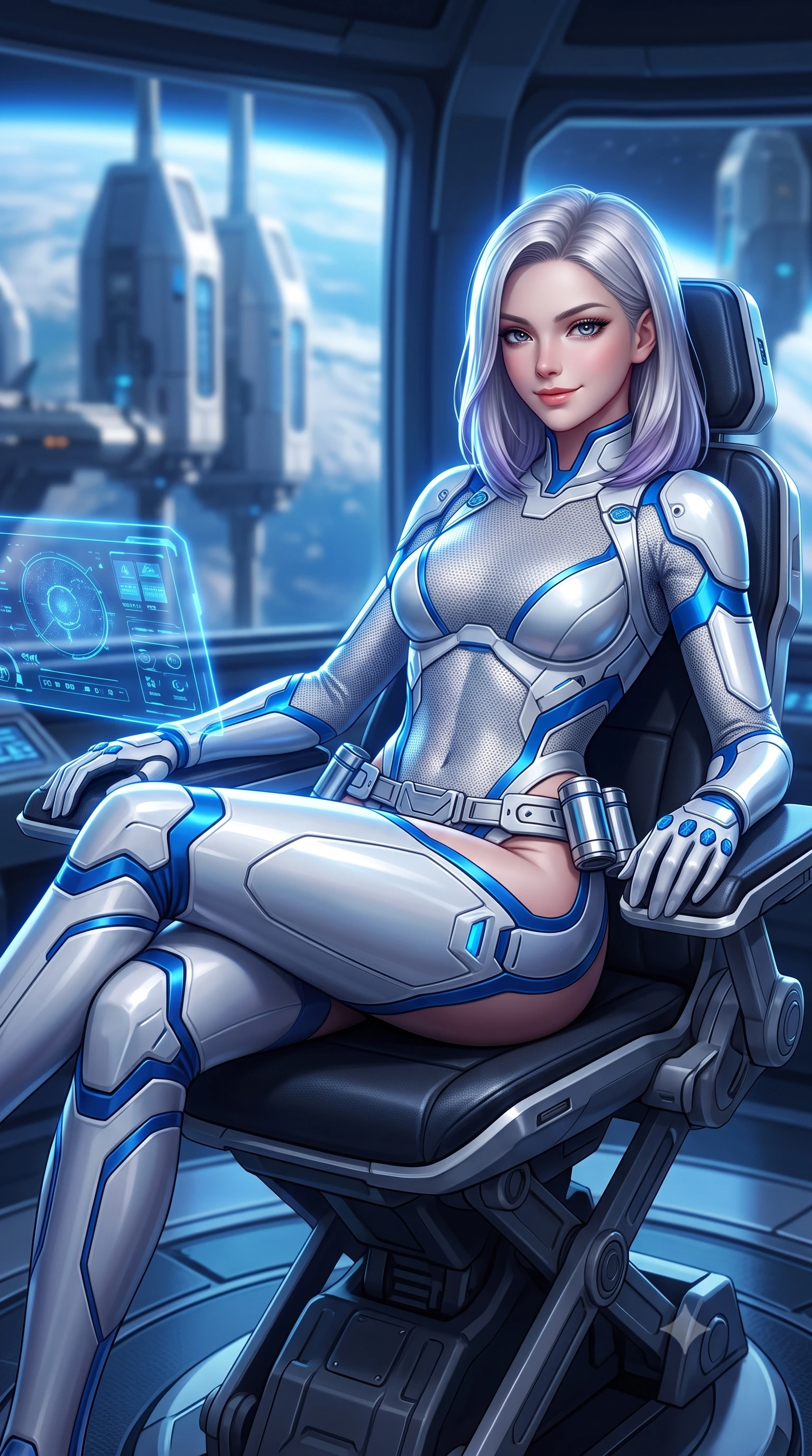 score_9, masterpiece, best quality, ultra-detailed, high-budget anime keyframe, semi-realistic 3D game render, editorial fashion photography, tasteful artistic composition, Caucasian woman. close-up cowboy shot from the waist and thighs up, the character dominates the composition, filling the frame with her large presence. turning slowly with a smoldering smile, her sleek hair catching the cockpit HUD rim light as her hips angle gracefully in a captivating contrapposto while lounging in an ergonomic gravity lounge seat with legs crossed, her statuesque presence commanding the monumental space elevator view. The background shows a soft-focus massive tether climber pods arriving at the dock softened in epic space infrastructure shallow focus. She has an exceptionally elegant, slender, and willowy female figure with an ultra-slim waist, flat toned midriff, narrow ribcage, and sculpted feminine hips creating an alluring, slim hourglass silhouette without bulk. sharp v-shaped jawline, high-bridge nose, intricate jewel-like sparkling eyes with depth, thick eyelashes, glossy parted lips with a natural sheen, bright confident smile with an enchanting and coquettish sensual glint, exuding both youthful magnetic charm and sovereign high-tech allure, flawlessly proportioned anatomical accuracy, strict slender model proportions, natural body alignment, perfectly sculpted long slender limbs, ultra-slim waistline, clean dynamic posture without body distortion. wearing a form-contouring delicate silver nano-mesh bodysuit with strategically placed chrome armor plate guards covering key curves in arctic snowflake white and electric plasma blue, made of supple second-skin compression stretch jersey clinging flawlessly to her form, accented with a sleek utility belt with polished magnetic canisters resting loosely on her curvy hips, the form-contouring cut accentuating her sculpted flat midriff, narrow delicate ribcage, and gracefully curvy hips with cybernetic supermodel precision. bathed in magnificent blue Earth-shine cascading through colossal panoramic viewing windows. highly saturated vibrant anime colors, detailed shading with soft gradients, rich glossy textures, high-contrast stereoscopic depth, volumetric dynamic lighting, master piece, 9:16 ratio