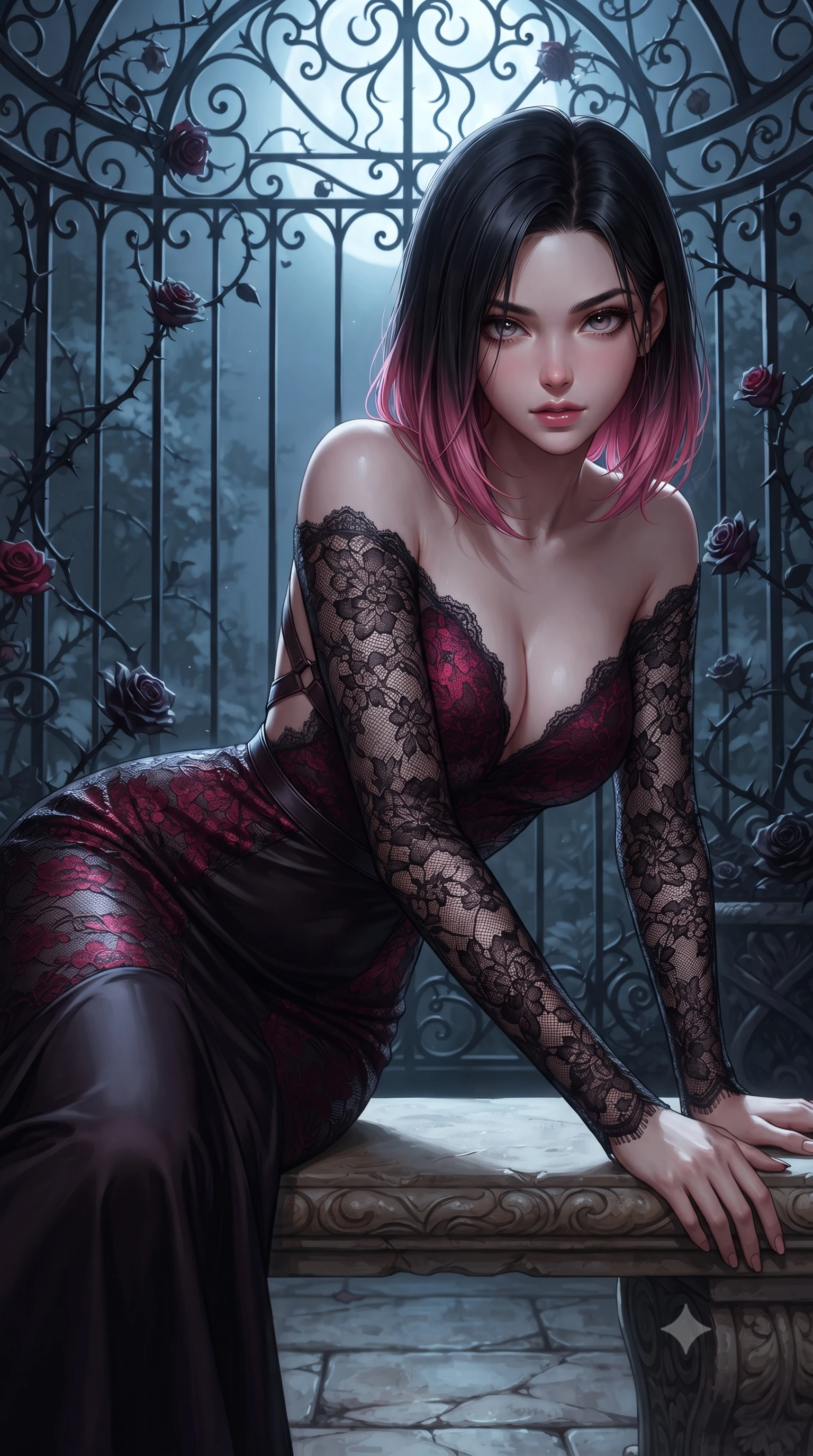 score_9, masterpiece, best quality, ultra-detailed, high-budget anime keyframe, editorial fashion photography, tasteful artistic composition, Korean woman. close-up cowboy shot from the waist and thighs up, the character dominates the composition, filling the frame with her large presence. leaning forward toward the camera with playful, breathtaking intimacy, eyes locked onto the viewer with irresistible charisma while reclining languidly on an antique stone bench in a moonlit glasshouse orangerie as thorny black rose vines climb the iron rafters. The surrounding environment is rendered in vivid detail and crisp panoramic clarity. intricate wrought-iron filigree, velvet rose petal textures, and cracked marble masonry in sharp focus. She has an exceptionally elegant, slender, and willowy female figure with an ultra-slim waist, a gracefully sculpted slender torso, toned flat midriff, and a refined slim silhouette. sharp v-shaped jawline, high-bridge nose, intricate jewel-like eyes with depth, thick eyelashes, glossy parted lips with a natural sheen, intensely captivating and seductive expression, flawlessly proportioned anatomical accuracy, strict slender model proportions, natural body alignment, perfectly sculpted long slender limbs, ultra-slim waistline, clean dynamic posture without body distortion. wearing a dark romantic lace-sleeved evening gown with a plunging neckline and bare shoulders in midnight obsidian black and blood crimson, formed from shimmering floral lace over smooth opaque silk lining, featuring an open-back criss-cross harness strap in dark leather, the liquid-tight tailored fabric emphasizing every curve of her tall, slender model proportions and sculptured silhouette during dynamic movement. illuminated by dramatic chiaroscuro key light sharply carving her slender waist, bare collarbones, and jawline. ultra-reflective glossy finish, specular highlights, rich textural contrasts, high-contrast stereoscopic depth, volumetric dynamic lighting, 2k, ultra detail, master piece, 9:16 ratio