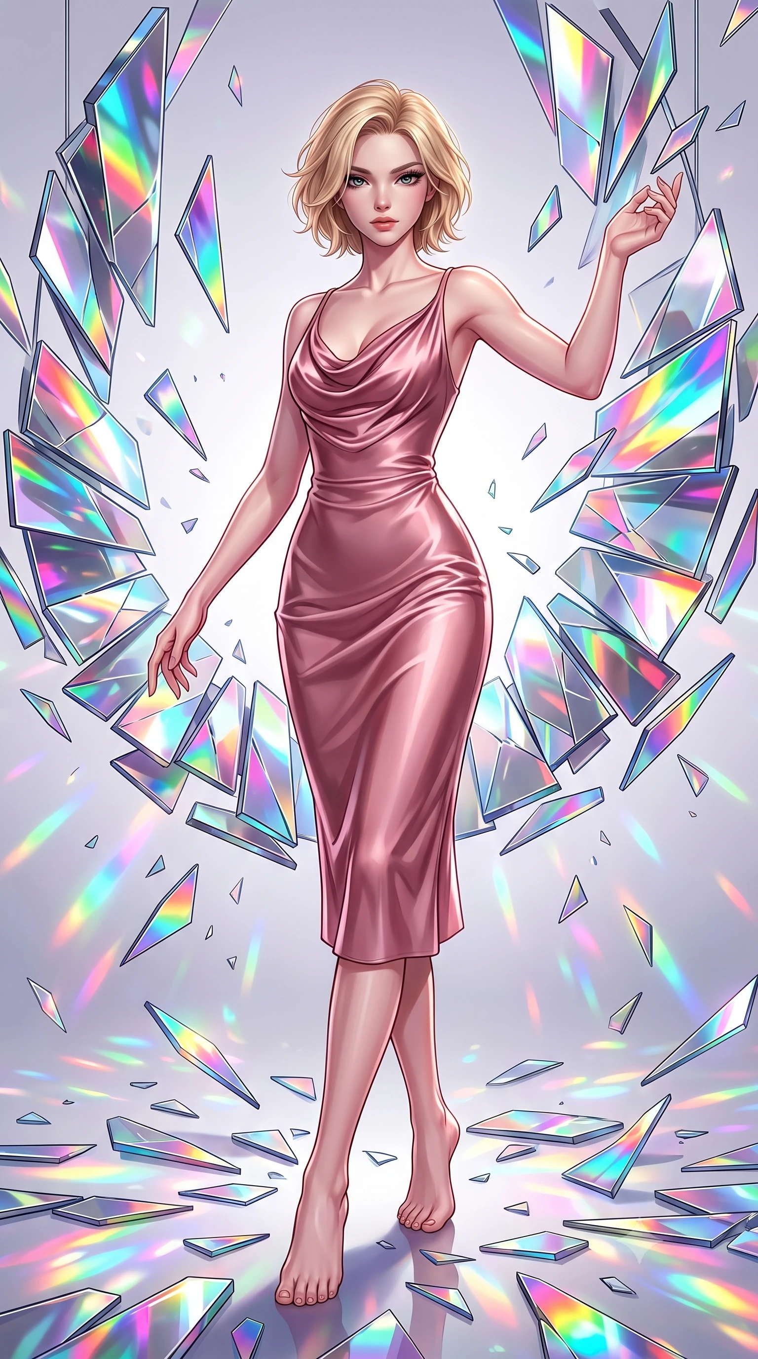 score_9, masterpiece, best quality, ultra-detailed, high-budget anime keyframe, editorial fashion photography, tasteful artistic composition, Caucasian woman. low angle full-body shot from head to toe showing her feet, filling the entire 9:16 vertical frame with her statuesque presence, stretching her vertical silhouette. interacting gracefully with the magical floating elements while maintaining a confident posture surrounded by rotating shattered mirror sculptures reflecting bright acrylic colors, shattered mirror shards scattering brilliant rainbow reflections everywhere. She has an absolutely perfect, statuesque 8.5-heads proportion, an exceptionally tall and slender model-like female figure with impossibly long slender legs and an ultra-slim waist. sharp v-shaped jawline, high-bridge nose, intricate jewel-like eyes with depth, thick eyelashes, glossy lips with a natural sheen. wearing an elegant cowl-neck satin midi dress in dusty rose with a graceful draped neckline, the sleek second-skin texture accentuating her magnetic presence. bathed in high-contrast vibrant studio lighting with sharp specular highlights. highly saturated vibrant anime colors, detailed shading with soft gradients, rich glossy textures, high-contrast stereoscopic depth, volumetric dynamic lighting, master piece, 9:16 ratio