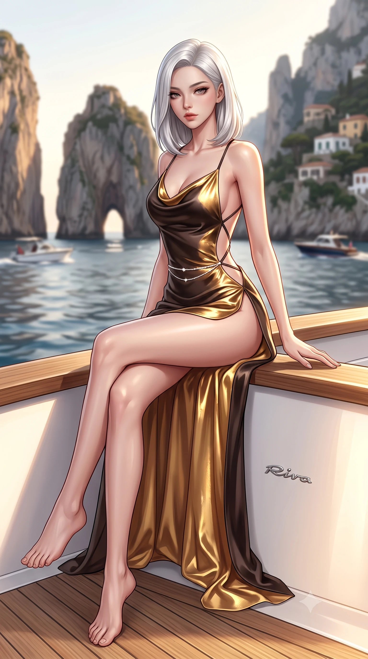 score_9, masterpiece, best quality, ultra-detailed, high-budget anime keyframe, semi-realistic 3D game render, editorial fashion photography, tasteful artistic composition, Korean woman. low angle full-body shot from head to toe showing her feet, filling the entire 9:16 vertical frame with her statuesque presence, stretching her vertical silhouette. sitting perched on the elevated edge with hips angled toward the camera and legs crossed, displaying her toned midriff and flawlessly sculpted slender limbs while perching on the teak gunwale of a luxury Riva yacht anchored beside the iconic Faraglioni sea stacks, hips angled toward the azure Mediterranean. The composition keeps background elements in soft focus with creamy bokeh. distant Capri cliffside villas and white motorboats softened in glamorous Mediterranean shallow focus. She has an exceptionally tall and slender model-like 8.5-heads proportion, an ultra-slim waist, a flat toned midriff, narrow delicate ribcage, and beautifully sculpted feminine hips creating a graceful, slim hourglass silhouette without any bulky heaviness, with impossibly long slender legs. sharp v-shaped jawline, high-bridge nose, intricate jewel-like eyes with depth, thick eyelashes, glossy parted lips with a natural sheen, intensely captivating and seductive bedroom-eyes expression, flawlessly proportioned anatomical accuracy, strict slender model proportions, natural body alignment, perfectly sculpted long slender limbs, ultra-slim waistline, clean dynamic posture without body distortion. wearing a backless cowl-neck satin slip dress featuring high-cut side hip slits and delicate criss-cross back straps in dark espresso brown and molten gold foil, tailored from water-resistant treated wool gabardine and flexible stretch silk, accented with a dainty diamond waist chain catching the ambient light reflections, the dramatically scooped open back descending to the base of her spine, accentuating her razor-sharp statuesque lines and slim hourglass silhouette. bathed in glorious golden hour Mediterranean sunset backlighting and warm white boat deck bounce fill. highly saturated vibrant anime colors, detailed shading with soft gradients, rich glossy textures, high-contrast stereoscopic depth, volumetric dynamic lighting, master piece, 9:16 ratio