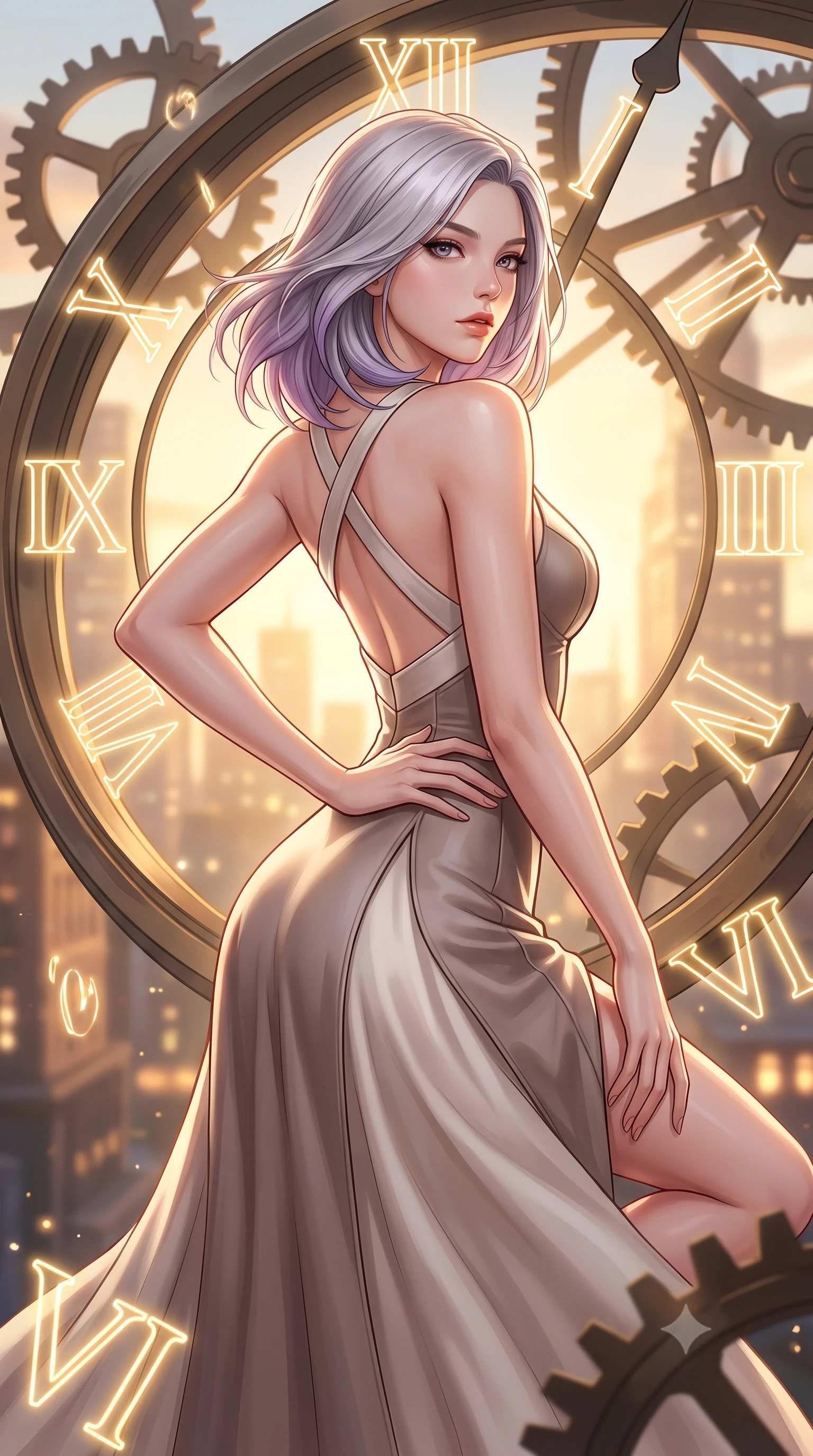 score_9, masterpiece, best quality, ultra-detailed, high-budget anime keyframe, editorial fashion photography, tasteful artistic composition, Caucasian woman. close-up cowboy shot from the waist and thighs up, the character dominates the composition, filling the frame with her large presence, background elements kept in soft focus. Holding a powerful dynamic pose with one hand on her hip and body angled dramatically toward the key light while leaping through the arc of a massive mechanical clock pendulum swinging over a golden city, glowing neon clock numbers floating in mid-air with vintage elegancy. She has an exceptionally elegant, slender, and willowy female figure with an ultra-slim waist, a gracefully sculpted slender torso, and a refined silhouette. sharp v-shaped jawline, high-bridge nose, intricate jewel-like eyes with depth, thick eyelashes, glossy lips with a natural sheen, flawlessly proportioned anatomical accuracy, natural body alignment, perfectly sculpted elegant limbs, clean dynamic posture without body distortion. wearing a modern fusion silk hanbok dress with a structured bodice and flowing skirt in muted taupe and soft ivory, formed from sleek second-skin neoprene, complemented by criss-cross back straps highlighting her bare shoulders, the form-contouring material highlighting her ultra-slim waist and long lines. illuminated by a brilliant golden hour glow filtering through clockwork dials. highly saturated vibrant anime colors, detailed shading with soft gradients, rich glossy textures, high-contrast stereoscopic depth, volumetric dynamic lighting, master piece, 9:16 ratio