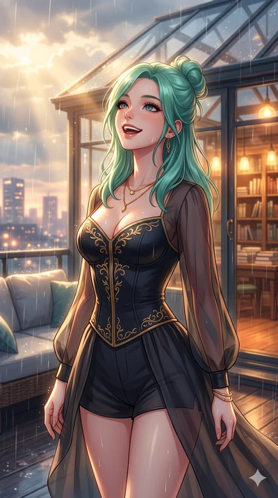 score_9, masterpiece, best quality, ultra-detailed, high-budget anime keyframe, vibrant anime aesthetic, Japanese woman. close-up cowboy shot from the waist and thighs up, the character dominates the composition, filling the frame with her large pres