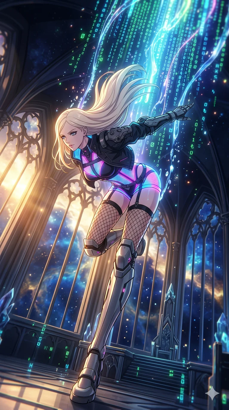 score_9, masterpiece, best quality, ultra-detailed, High-budget Anime Keyframe, vibrant colors, fluid line-art, expressive lighting, cinematic composition, Ufotable-style visual effects, top-tier animation quality, Caucasian woman with pale skin, blonde hair, and (strictly human ears). Dynamic full-body shot stretching the vertical silhouette, capturing her from a powerful low-angle perspective. Diving into a vast sea of digital code and liquid light, her form becoming one with the stream of information. She has an absolutely perfect 8-heads proportion, an exceptionally tall and slender female figure with impossibly long slender legs and an ultra-slim waist, her statuesque height and towering silhouette dominating the vertical 9:16 frame. Her face is a masterpiece featuring a sharp v-shaped jawline, high-bridge nose, intricate jewel-like eyes with depth, thick eyelashes, and glossy lips with a natural sheen. She is wearing a Cyber-augmented streetwear featuring mechanical arm parts and a micro-shorts/harness combo crafted from Fluorescent mesh that glows brightly under neon light, highlighting her silhouette, accompanied by sensual fishnet stockings and thigh-high metallic boots. The scene is set in a majestic gothic cathedral in deep space with massive windows overlooking a swirling nebula, illuminated by golden hour sunlight that gives her skin a warm, radiant glow. 2k, ultra detail, master piece, 9:16 ratio