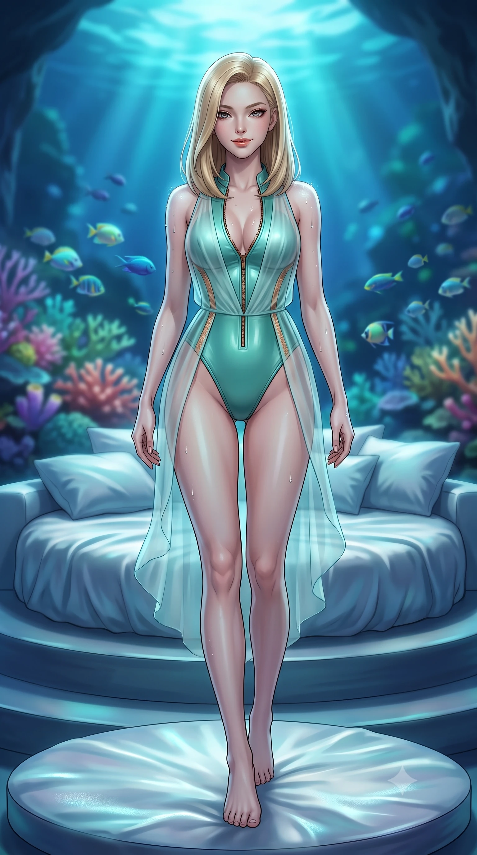 score_9, masterpiece, best quality, ultra-detailed, high-budget anime keyframe, semi-realistic 3D game render, editorial fashion photography, tasteful artistic composition, Korean woman. low angle full-body shot from head to toe showing her feet, filling the entire 9:16 vertical frame with her statuesque presence, stretching her vertical silhouette. stepping slowly toward the camera with hypnotic grace, hips swaying in an alluring sensual rhythm that accentuates her curvy hourglass silhouette and long slender legs while reclining across the circular silk bed propped on one elbow, her statuesque 8.5-heads silhouette commanding the glowing subterranean coral kingdom. The background shows a soft-focus vibrant tropical coral reef gardens outside, schools of iridescent reef fish swimming past, and deep ocean twilight blurred into cobalt, aquamarine, and emerald bokeh. She has an absolutely perfect, statuesque 8.5-heads proportion, an exceptionally tall and slender model-like female figure with impossibly long slender legs, an ultra-slim waist, a flat toned midriff, narrow delicate ribcage, and beautifully sculpted feminine hips creating a graceful, slim hourglass silhouette without any bulky heaviness. sharp v-shaped jawline, high-bridge nose, sparkling eyes with hypnotic seductive depth, thick curled eyelashes, glossy parted lips with a natural dewy peach sheen, alluring bedroom-eyes with an enchanting coquettish smile, exuding magnetic siren charisma and sophisticated glamour, flawlessly proportioned anatomical accuracy, strict slender model proportions, natural body alignment, perfectly sculpted long slender limbs, ultra-slim waistline, clean dynamic posture without body distortion. wearing a form-contouring wet-look neoprene zip-front maillot with high-cut leg openings and gold racing side trims in Moroccan mint green and hammered copper, made of sheer gossamer chiffon that drapes softly against skin with airy translucence, finished with glistening drops of lagoon or spa water beading across her sculpted shoulders and collarbones, the glove-like clinging cut tightly following the natural contour of her hips and long slender legs with youthful 8.5-heads elegance. bathed in ethereal undulating cyan and deep-blue aquatic light filtering through exterior ocean floodlights. highly saturated vibrant anime colors, detailed shading with soft gradients, rich glossy textures, high-contrast stereoscopic depth, volumetric dynamic lighting, master piece, 9:16 ratio