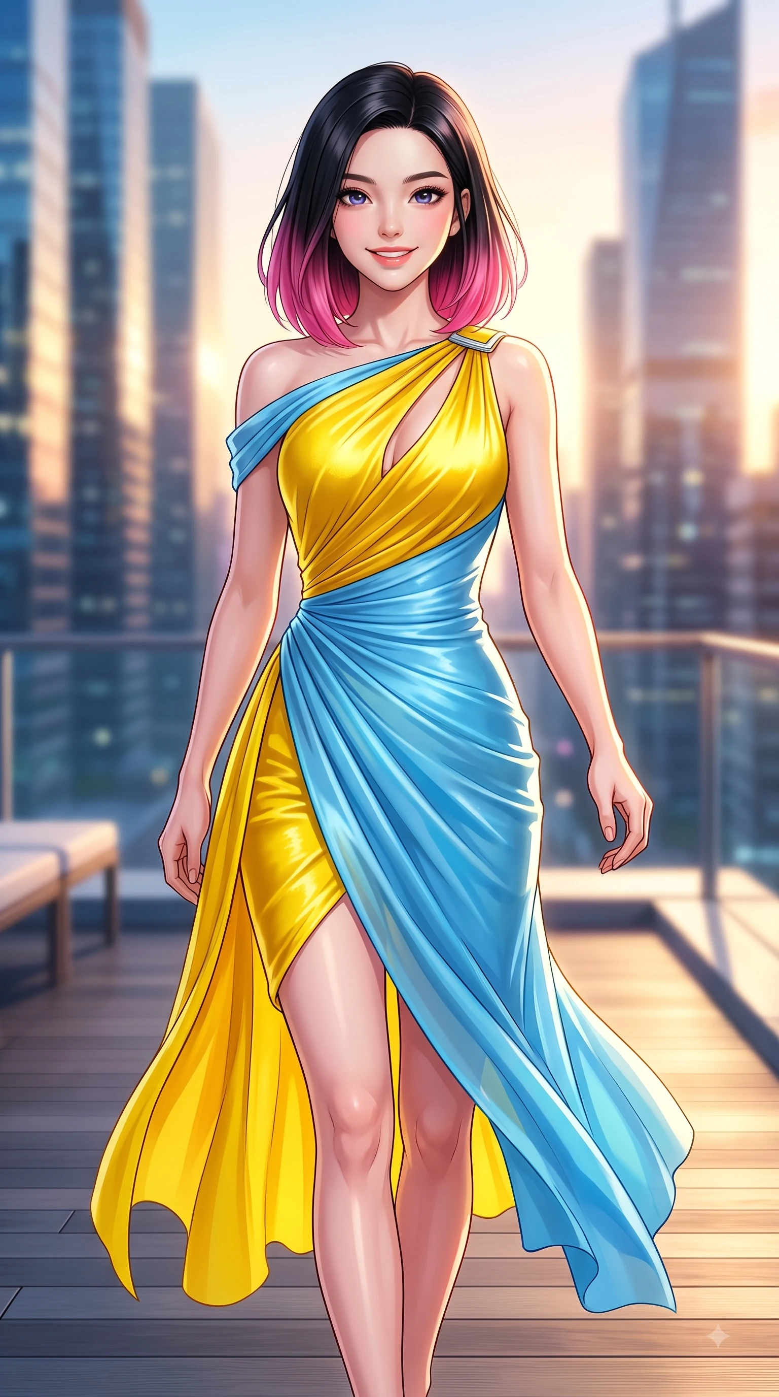 score_9, masterpiece, best quality, ultra-detailed, high-budget anime keyframe, editorial fashion photography, tasteful artistic composition, Korean woman. close-up cowboy shot from the waist and thighs up, the character dominates the composition, filling the frame with her large presence. Youthful bright smile exuding pure cute charm and fresh energy, her torso turning dynamically into the lens while walking down a sunlit rooftop deck as golden hour paints the modern urban towers. The composition keeps background elements in soft focus with dreamy bokeh. metropolitan skyline outlines blurred into a dramatic evening backdrop. She has an exceptionally elegant, slender, and willowy female figure with an ultra-slim waist, a gracefully sculpted slender torso, and a refined silhouette. sharp v-shaped jawline, high-bridge nose, intricate jewel-like eyes with depth, thick eyelashes, glossy lips with a natural sheen, flawlessly proportioned anatomical accuracy, natural body alignment, perfectly sculpted elegant limbs, clean dynamic posture without body distortion. wearing an asymmetrical draped chiffon midi dress with a sleek shoulder accent in sunny canary yellow and clear sky blue, made of lustrous stretch velvet, accented with a Tasteful chest slit framing her clavicle gracefully, the glove-like fit emphasizing her statuesque silhouette during motion. illuminated by crisp specular highlights and clear rim lighting. highly saturated vibrant anime colors, detailed shading with soft gradients, rich glossy textures, high-contrast stereoscopic depth, volumetric dynamic lighting, master piece, 9:16 ratio