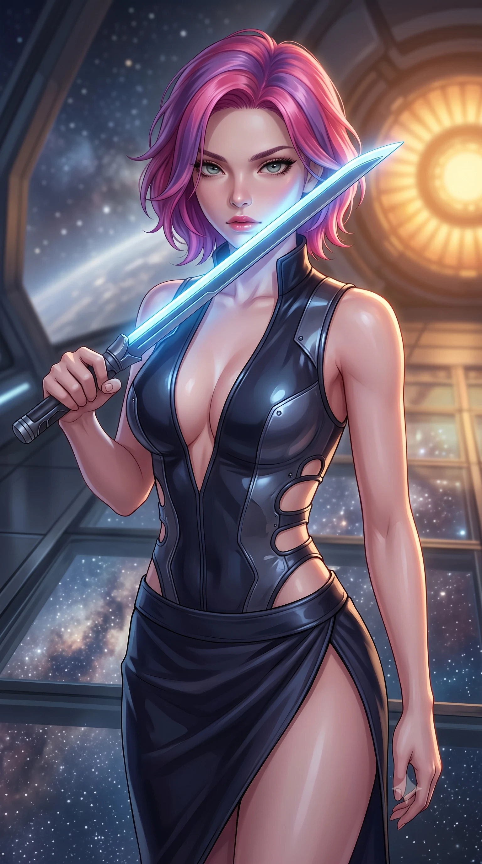 score_9, masterpiece, best quality, ultra-detailed, high-budget anime keyframe, editorial fashion photography, tasteful artistic composition, Caucasian woman. close-up cowboy shot from the waist and thighs up, the character dominates the composition, filling the frame with her large presence, background elements kept in soft focus. pressing the flat side of a glowing vibro-blade against her cheek, locking eyes with the viewer with bedroom-eyes, the background shows a soft-focus a cosmic skybridge with glass floor showing stars and cosmic dust below. She has an exceptionally elegant, slender, and willowy female figure with an ultra-slim waist, a gracefully sculpted slender torso, and a refined silhouette. sharp v-shaped jawline, high-bridge nose, intricate jewel-like eyes with depth, thick eyelashes, glossy lips with a natural sheen. wearing a tailored deep plunging-V neck bodycon armor top, featuring keyhole cutouts along the ribs and a thigh-slit wrap skirt. soft silver starlight contrasting with the warm amber glow of nearby engines. highly saturated vibrant anime colors, detailed shading with soft gradients, rich glossy textures, high-contrast stereoscopic depth, volumetric dynamic lighting, master piece, 9:16 ratio
