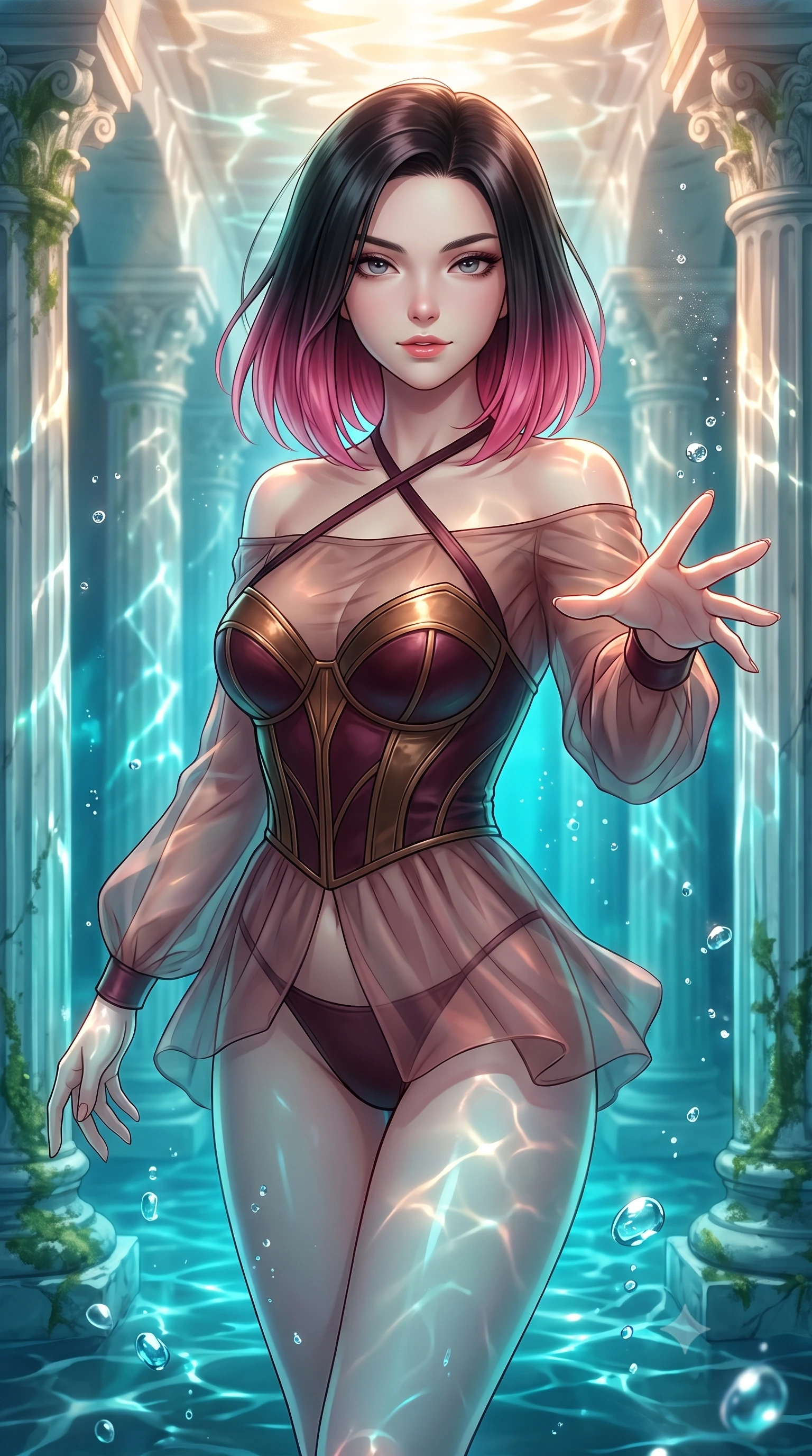 score_9, masterpiece, best quality, ultra-detailed, high-budget anime keyframe, editorial fashion photography, tasteful artistic composition, Korean woman. close-up cowboy shot from the waist and thighs up, the character dominates the composition, filling the frame with her large presence, background elements kept in soft focus. Reaching one hand gracefully toward the viewer with effortless superiority and allure floating gracefully through a sunken white marble colonnade underwater, shimmering water reflections dancing dynamically across the marble walls. She has an exceptionally elegant, slender, and willowy female figure with an ultra-slim waist, a gracefully sculpted slender torso, and a refined silhouette. sharp v-shaped jawline, high-bridge nose, intricate jewel-like eyes with depth, thick eyelashes, glossy lips with a natural sheen. wearing a tailored leather bustier over a sheer silk chiffon blouse in deep burgundy and bronze, woven from fine semi-opaque sheer organza, complemented by criss-cross back straps highlighting her bare shoulders, the elegant draped fit framing her graceful clavicle and slender torso. illuminated by luminous aqua bioluminescence and warm golden top lighting. highly saturated vibrant anime colors, detailed shading with soft gradients, rich glossy textures, high-contrast stereoscopic depth, volumetric dynamic lighting, master piece, 9:16 ratio