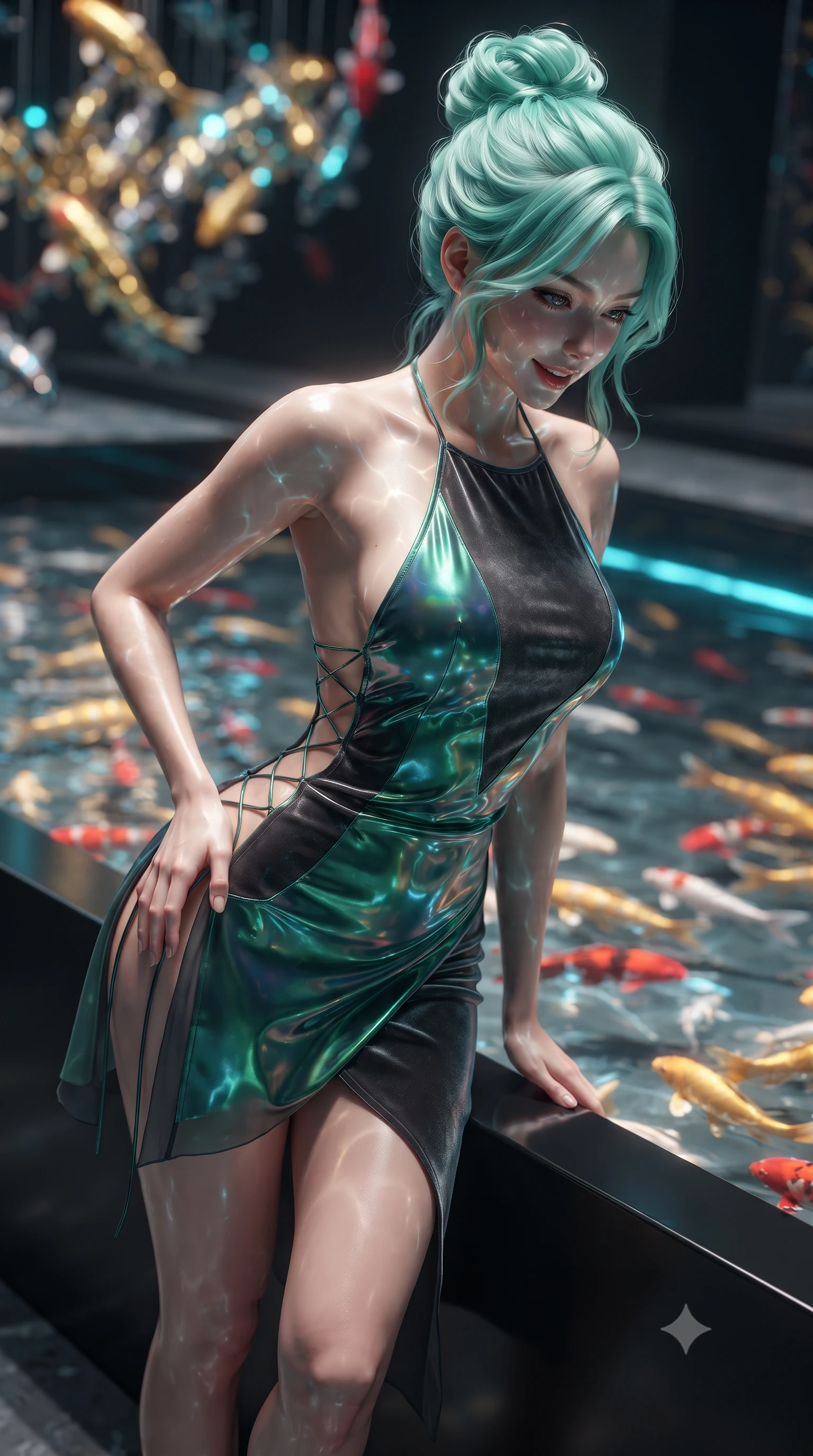 score_9, masterpiece, best quality, ultra-detailed, high-budget anime keyframe, editorial fashion photography, tasteful artistic composition, Japanese woman. close-up cowboy shot from the waist and thighs up, the character dominates the composition, filling the frame with her large presence. tilting her head with a teasing half-smile, running one hand slowly down the side of her hip in a flirtatious S-curve as ambient light caresses her silhouette while leaning over the black titanium pool edge with hips cocked back, gazing at swimming digital holographic koi fish with an alluring smile. The background shows a soft-focus swimming golden and crimson holographic koi fish in clear water, black titanium pool walls, and suspended catwalks blurred into gold, cyan, and charcoal bokeh. She has an exceptionally elegant, slender, and willowy female figure with an ultra-slim waist, flat toned midriff, narrow ribcage, and sculpted feminine hips creating an alluring, slim hourglass silhouette without bulk. sharp v-shaped jawline, high-bridge nose, sparkling eyes with hypnotic seductive depth, thick curled eyelashes, glossy parted lips with a natural dewy peach sheen, alluring bedroom-eyes with an enchanting coquettish smile, exuding magnetic siren charisma and sophisticated glamour, flawlessly proportioned anatomical accuracy, strict slender model proportions, natural body alignment, perfectly sculpted long slender limbs, ultra-slim waistline, clean dynamic posture without body distortion. wearing a slinky backless halterneck column mini dress in shimmering liquid vinyl clinging like a second skin in iridescent emerald satin and dark charcoal velvet, made of sheer gossamer chiffon that drapes softly against skin with airy translucence, featuring fine criss-cross lace-up side ties revealing tantalizing glimpses of her hip curve, the high-slit wrap tailoring accentuating her ultra-slim waistline and the enchanting curve of her feminine hips with alluring seductive charm. illuminated by water surface caustic reflections and sharp electric-cyan rim lights defining her delicate clavicles, narrow waist, and curvy hips. ultra-reflective glossy finish, specular highlights, rich textural contrasts, high-contrast stereoscopic depth, volumetric dynamic lighting, 2k, ultra detail, master piece, 9:16 ratio