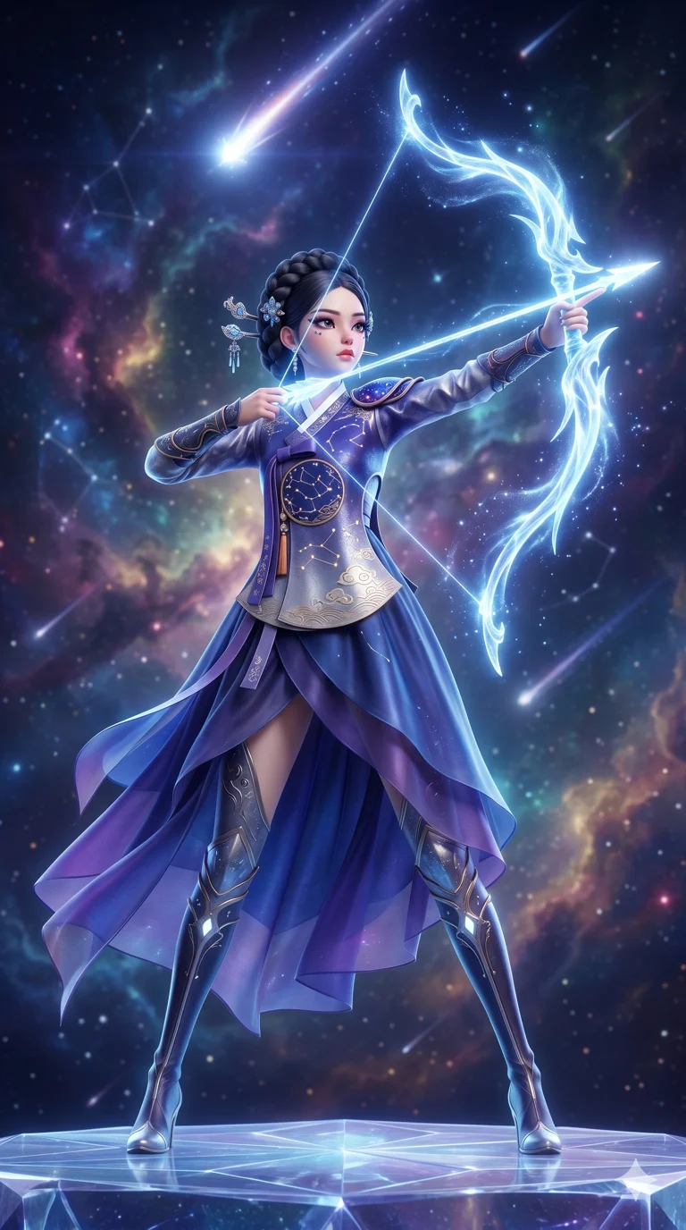 score_9, masterpiece, best quality, ultra-detailed, semi-realistic high-budget 3D game render, an incredibly beautiful Korean woman. Full-body shot stretching the vertical silhouette, dominating the 9:16 frame. She is a celestial archer aiming at a falling star with a bow made of pure light. She has an absolutely perfect 8-heads proportion, an exceptionally tall and slender female figure with impossibly long slender legs and an ultra-slim waist. Her face is a highly detailed masterpiece featuring a sharp v-shaped jawline, high-bridge nose, intricate jewel-like eyes, thick eyelashes, and glossy lips. She is wearing a high-cut silk hanbok fusion with intricate embroidery. A sky full of comets and nebula dust, radiant glowing light., 2k, ultra detail, master piece, 9:16 ratio