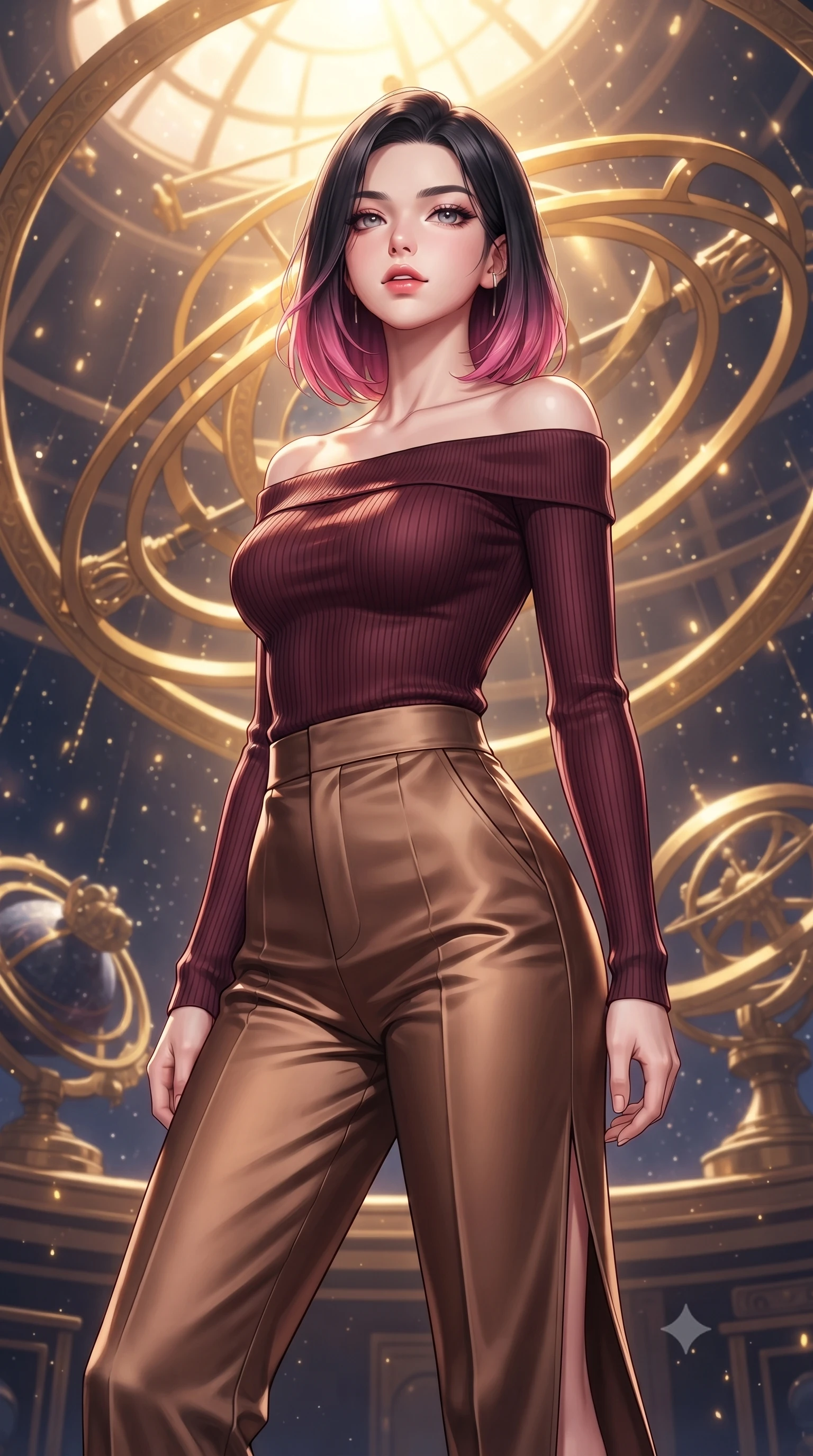 score_9, masterpiece, best quality, ultra-detailed, high-budget anime keyframe, editorial fashion photography, tasteful artistic composition, Korean woman. close-up cowboy shot from the waist and thighs up, the character dominates the composition, filling the frame with her large presence, background elements kept in soft focus. Tilting her chin up slightly with lips parted in a magnetic, composed expression inside a floating cosmic observatory with golden astrolabe rings, starlight particles falling like a golden shower around her. She has an exceptionally elegant, slender, and willowy female figure with an ultra-slim waist, a gracefully sculpted slender torso, and a refined silhouette. sharp v-shaped jawline, high-bridge nose, intricate jewel-like eyes with depth, thick eyelashes, glossy lips with a natural sheen. wearing a sleek off-shoulder ribbed knit top paired with high-waist tailored pants in deep burgundy and bronze, crafted from lustrous satin jersey with fluid draping, finished with a sleek side slit ascending to mid-thigh, the elegant draped fit framing her graceful clavicle and slender torso. bathed in warm sunbursts filtering through floating orbital rings. highly saturated vibrant anime colors, detailed shading with soft gradients, rich glossy textures, high-contrast stereoscopic depth, volumetric dynamic lighting, master piece, 9:16 ratio
