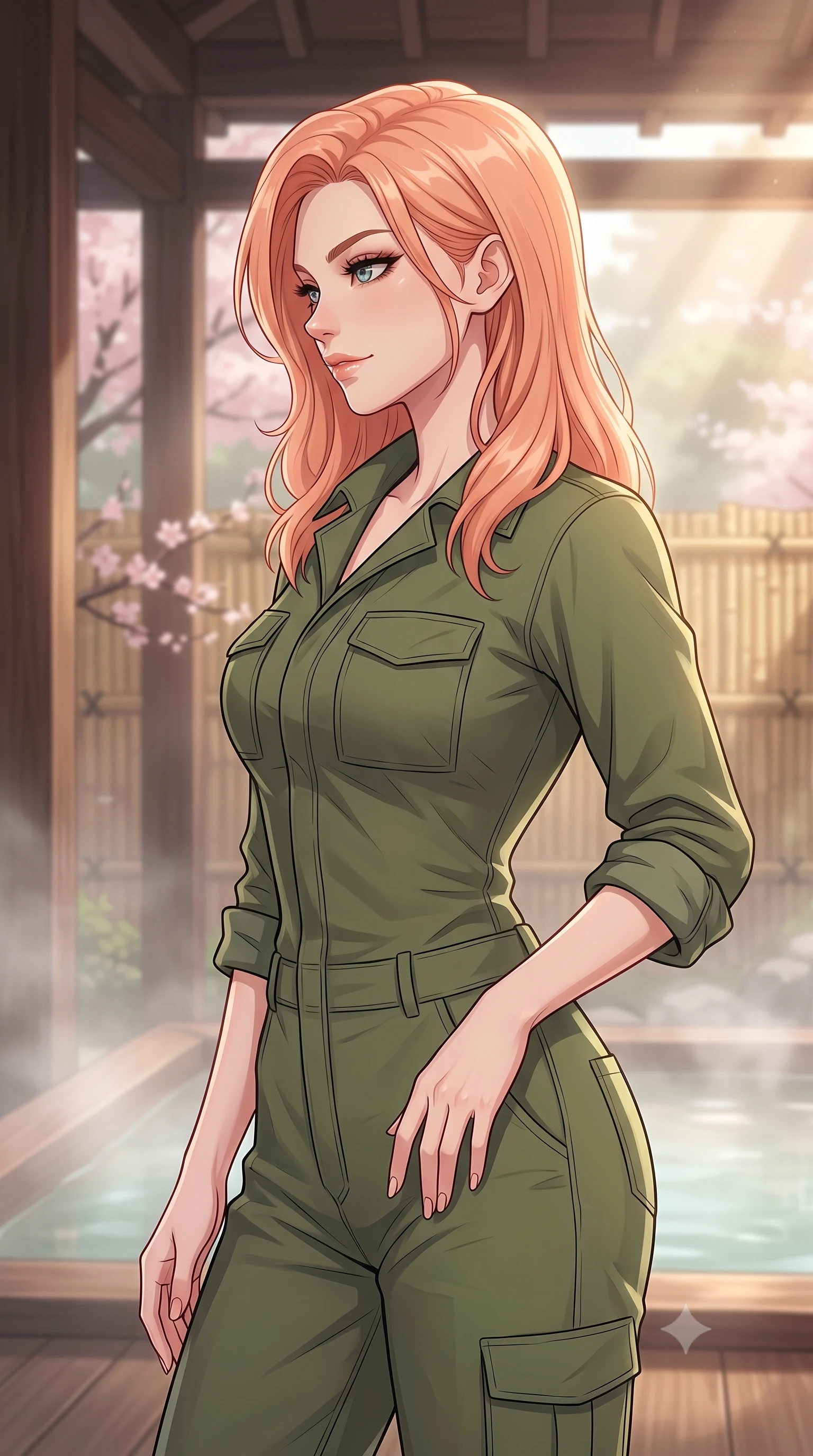 score_9, masterpiece, best quality, ultra-detailed, high-budget anime keyframe, tasteful artistic composition, Japanese woman. close-up cowboy shot from the waist and thighs up, the character dominates the composition, filling the frame with her large presence, background elements kept in soft focus. turning her face in sharp profile, casting a cold, mysterious, yet intensely alluring side gaze, the background shows a soft-focus a cozy hot spring veranda with dark cedar wood partitions and bamboo fences. She has an exceptionally elegant, slender, and willowy female figure with an ultra-slim waist, a gracefully sculpted slender torso, and a refined silhouette. sharp v-shaped jawline, high-bridge nose, intricate jewel-like eyes with depth, thick eyelashes, glossy lips with a natural sheen. wearing a form-contouring comfortable olive green cotton utility jumpsuit with a structured collar and rolled-up sleeves. soft morning mist diffusing the warm sunbeams, creating a tranquil atmosphere. highly saturated vibrant anime colors, cel-shading, 2d style, master piece, 9:16 ratio