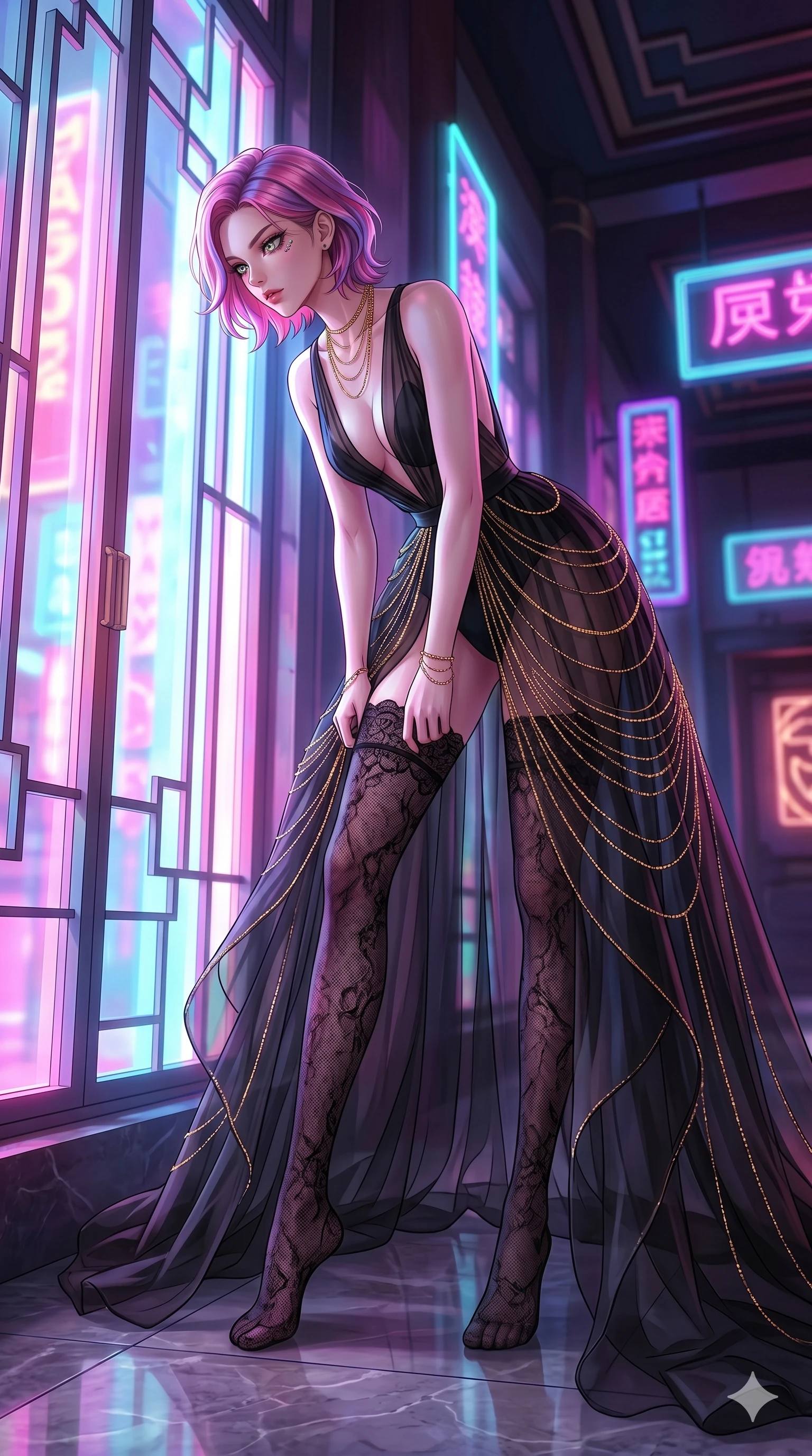 score_9, masterpiece, best quality, ultra-detailed, High-budget Anime Keyframe, East Asian woman. Low angle cowboy shot filling the entire 9:16 frame with her statuesque presence. Scenario 17: Adjusting her elegant hosiery by a glowing neon window. Her presence is magnetic and overpowering in this high-budget anime scene. Outfit 17: A sheer organza long with a sculptural leg-extending silhouette and fine gold chains. The clothing is designed to emphasize her exceptionally tall and slender 8-heads proportion. 8-heads proportion, towering silhouette, ultra-slim waist. sharp v-shaped jawline, intricate jewel-like eyes with depth, thick eyelashes, glossy lips. 2k, ultra detail, master piece, 9:16 ratio