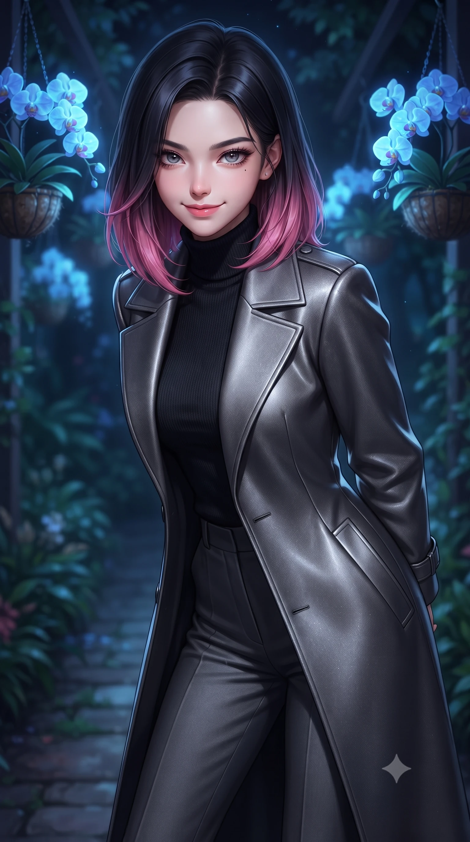 score_9, masterpiece, best quality, ultra-detailed, high-budget anime keyframe, editorial fashion photography, tasteful artistic composition, Korean woman. close-up cowboy shot from the waist and thighs up, the character dominates the composition, filling the frame with her large presence, background elements kept in soft focus. leaning slightly forward with a playful, teasing smile, her gaze locked onto the viewer the background shows a soft-focus a private garden pathway under hanging baskets of glowing blue orchids at night. She has an exceptionally elegant, slender, and willowy female figure with an ultra-slim waist, a gracefully sculpted slender torso, and a refined silhouette. sharp v-shaped jawline, high-bridge nose, intricate jewel-like eyes with depth, thick eyelashes, glossy lips with a natural sheen. wearing a body-hugging tailored wool trench coat in charcoal grey, worn closed over a black cashmere turtleneck and trousers. soft blue bioluminescent light making her skin luminously glow against the dark. ultra-reflective glossy finish, specular highlights, metallic sheen, high-contrast stereoscopic depth, volumetric dynamic lighting, 2k, ultra detail, master piece, 9:16 ratio