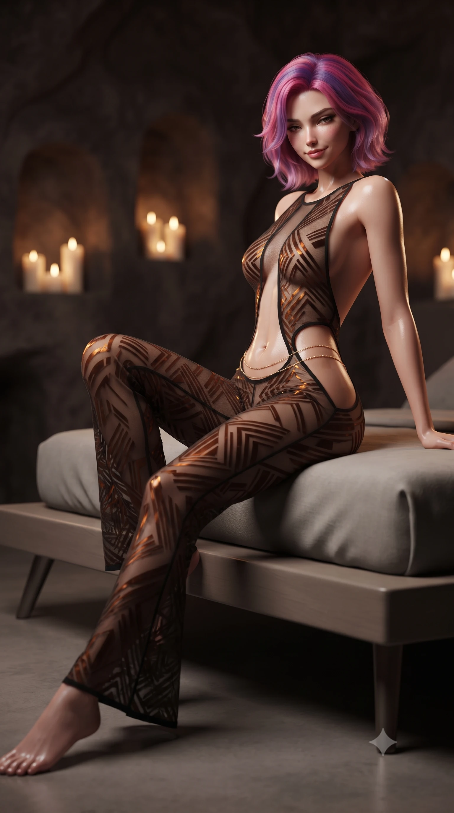 score_9, masterpiece, best quality, ultra-detailed, high-budget anime keyframe, editorial fashion photography, tasteful artistic composition, Caucasian woman. close-up cowboy shot from the waist and thighs up, the character dominates the composition, filling the frame with her large presence. perched sideways on the lounge seat, one knee drawn up to showcase her slender leg line while her arched back accentuates her feminine hip curve while lounging in the modern minimalist low-slung bed with legs extended, casting a hypnotic, heavy-lidded smile toward the lens. The background shows a soft-focus flickering pillar candles in carved wall alcoves softened in moody volcanic cave suite shallow focus. She has an exceptionally elegant, slender, and willowy female figure with an ultra-slim waist, flat toned midriff, narrow ribcage, and sculpted feminine hips creating an alluring, slim hourglass silhouette without bulk. sharp v-shaped jawline, high-bridge nose, intricate jewel-like sparkling eyes with depth, thick eyelashes, glossy parted lips with a natural peach sheen, bright cheerful beaming smile with an enchanting and coquettish sensual glint, exuding both youthful cute charm and seductive allure, flawlessly proportioned anatomical accuracy, strict slender model proportions, natural body alignment, perfectly sculpted long slender limbs, ultra-slim waistline, clean dynamic posture without body distortion. wearing a backless sheer illusion mesh jumpsuit with strategic geometric flocking tracing her long slender leg lines in Hannam-dong glowing amber and rich dark espresso, crafted from translucent silk organza with an ethereal crystalline sheen, accented with a dainty gold belly chain resting across her flat midriff and curving hips, the precision-cut side openings and low-back scoop framing her graceful spine and the sensual sweep of her slim, toned hips. illuminated by polished floor bounce and sharp rose-gold rim lights sculpting her features, flat midriff, and slender waist. ultra-reflective glossy finish, specular highlights, rich textural contrasts, high-contrast stereoscopic depth, volumetric dynamic lighting, 2k, ultra detail, master piece, 9:16 ratio