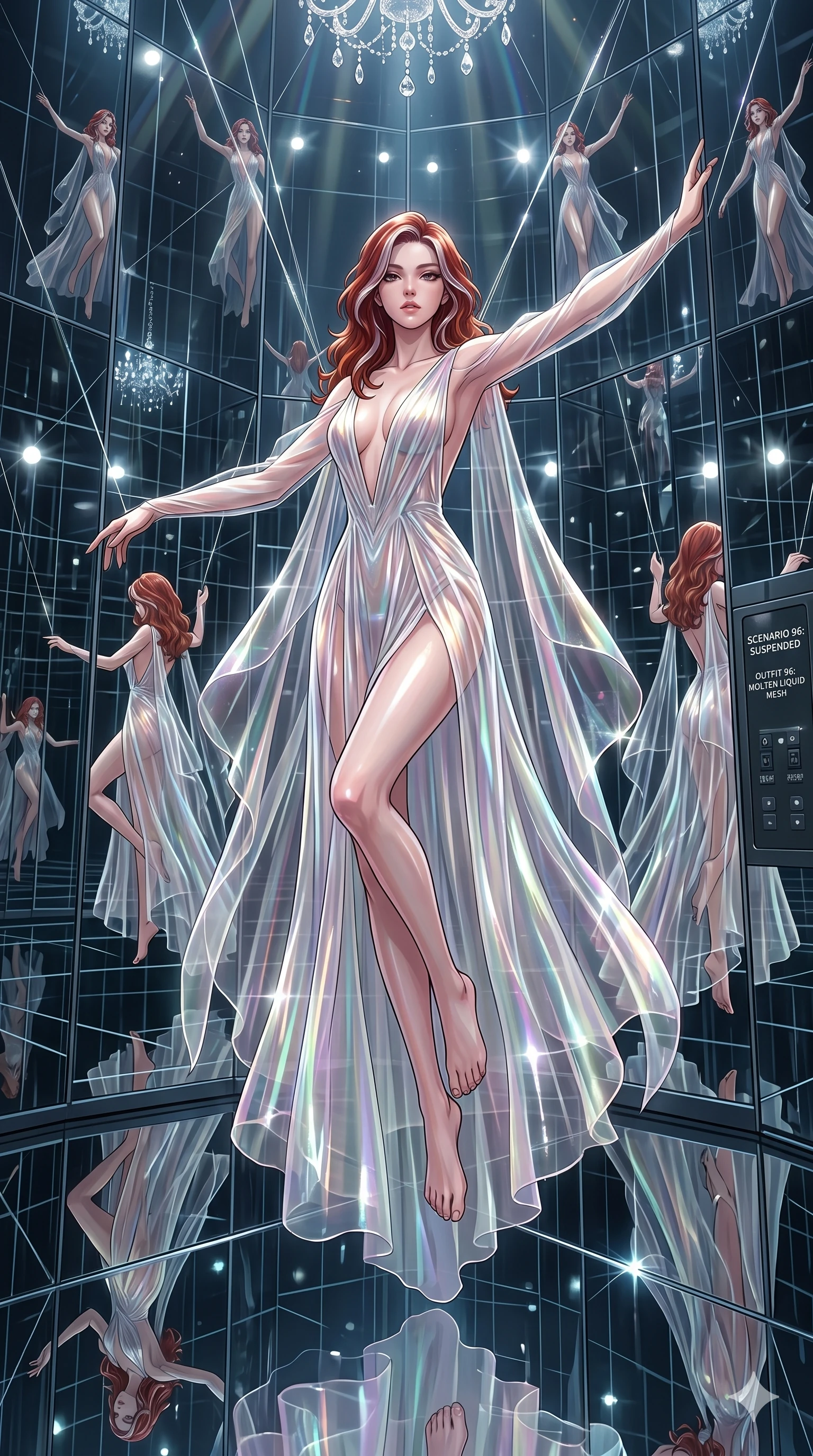 score_9, masterpiece, best quality, ultra-detailed, High-budget Anime Keyframe, East Asian woman. Dynamic full-body shot stretching the vertical silhouette to the limit. Scenario 96: Suspended by invisible silk threads in a hall of mirrors. Her presence is magnetic and overpowering in this high-budget anime scene. Outfit 96: A molten liquid silk mesh with a plunging V-neckline and translucent layers. The clothing is designed to emphasize her exceptionally tall and slender 8-heads proportion. 8-heads proportion, towering silhouette, ultra-slim waist. sharp v-shaped jawline, intricate jewel-like eyes with depth, thick eyelashes, glossy lips. 2k, ultra detail, master piece, 9:16 ratio