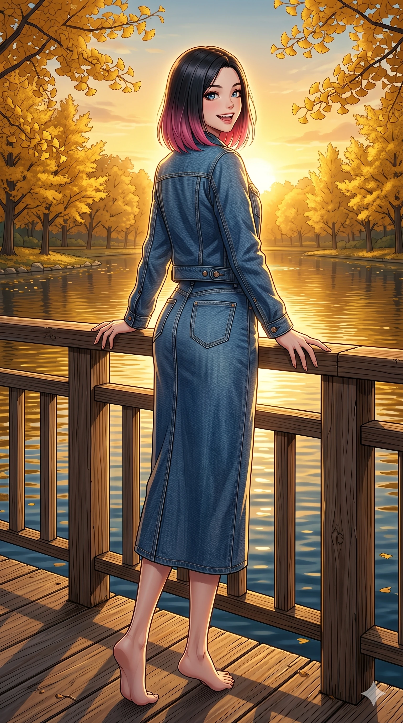 score_9, masterpiece, best quality, ultra-detailed, high-budget anime keyframe, vibrant anime aesthetic, Korean woman. low angle full-body shot from head to toe showing her feet, filling the entire 9:16 vertical frame with her statuesque presence, stretching her vertical silhouette. She is resting her hands on the deck railing, looking over her shoulder with a happy grin by a quiet lakeside promenade lined with golden gingko trees in the morning sun (Code-P21-020). She has an absolutely perfect 8-heads proportion, an exceptionally tall and slender female figure with impossibly long slender legs and an ultra-slim waist. V-shaped jawline, high-bridge nose, intricate jewel-like eyes with depth, thick eyelashes, glossy lips with a natural sheen. wearing a modern denim set featuring a structured jacket and long skirt in winter. She is glowing with warm winter sunset light radiating from the horizon, casting a golden aura. 2k, ultra detail, master piece, 9:16 ratio