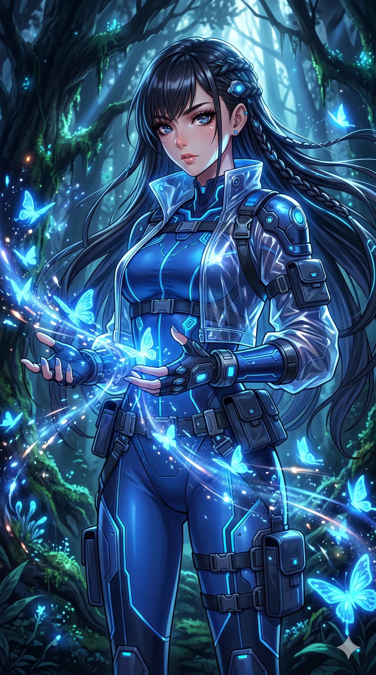 score_9, masterpiece, best quality, ultra-detailed, High-budget Anime Keyframe, beautiful Japanese anime girl. Upper body close-up from the thighs up, character filling the screen for maximum presence. Summoning a storm of electric blue butterflies in a dark enchanted forest. She has an absolutely perfect 8-heads proportion, an exceptionally tall and slender female figure with impossibly long slender legs and an ultra-slim waist. Sharp v-shaped jawline, high-bridge nose, intricate jewel-like eyes with depth, thick eyelashes, glossy lips with a natural sheen. Wearing a Tech-Fantasy outfit: sapphire cybernetic tech-suit with glowing seams, translucent PVC over leotard, modular tactical gear. Background is a bright and colorful environment with cinematic lighting, dynamic particle effects, and high-contrast shadows. 2k, ultra detail, master piece, 9:16 ratio