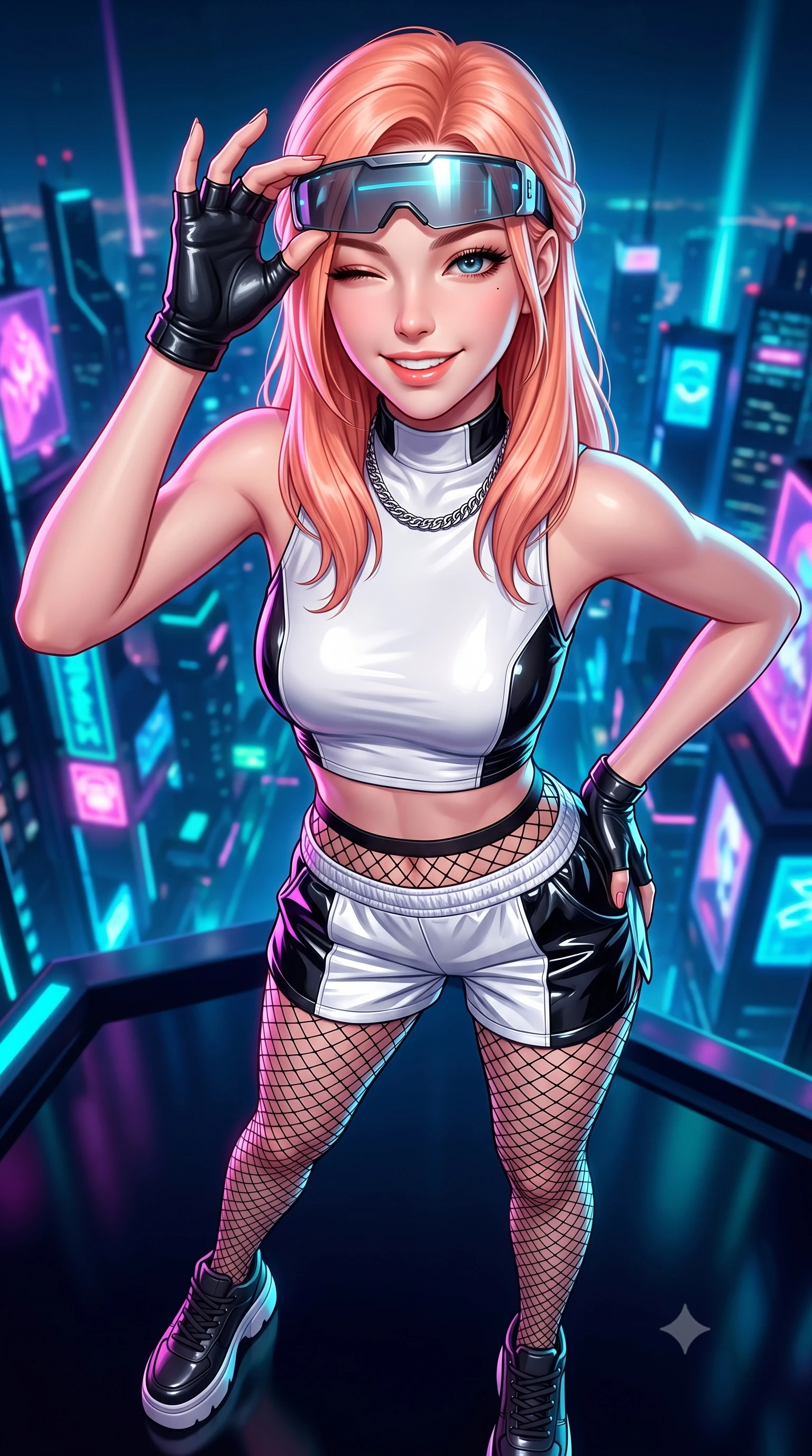score_9, masterpiece, best quality, ultra-detailed, high-budget anime keyframe, semi-realistic 3D game render, editorial fashion photography, tasteful artistic composition, Japanese woman. close-up cowboy shot from the waist and thighs up, the character dominates the composition, filling the frame with her large presence. leaning forward with playful, captivating grace, her sculpted collarbones and slender neckline highlighted by directional light while adjusting her futuristic cyber-visor over her brow while casting a bold, playful wink and bright smile into the camera. The surrounding environment is rendered in vivid detail and crisp panoramic clarity. vibrant futuristic rave chiaroscuro and exhilarating high-altitude electronic nightlife in precision. She has an exceptionally elegant, slender, and willowy female figure with an ultra-slim waist, a gracefully sculpted slender torso, toned flat midriff, and a refined slim silhouette. sharp v-shaped jawline, high-bridge nose, intricate jewel-like eyes with depth, thick eyelashes, glossy lips with a natural sheen, captivating and magnetic expression, flawlessly proportioned anatomical accuracy, strict slender model proportions, natural body alignment, perfectly sculpted long slender limbs, ultra-slim waistline, clean dynamic posture without body distortion. wearing a fitted mock-neck cybernetic crop top paired with reflective panel track shorts and fishnet tights in high-contrast monochrome white and glossy black, crafted from high-gloss metallic ripstop nylon and flexible carbon mesh, accessorized with bold platform sneakers and silver chain choker, the glove-like aerodynamic second-skin fit tightly clinging to her ultra-slender waist and athletic curves without adding bulk, accentuating her razor-sharp statuesque lines and slim hourglass silhouette. surrounded by a vibrant, fearless, and passionately energetic Y2K party queen aura. highly saturated vibrant anime colors, detailed shading with soft gradients, rich glossy textures, high-contrast stereoscopic depth, volumetric dynamic lighting, master piece, 9:16 ratio