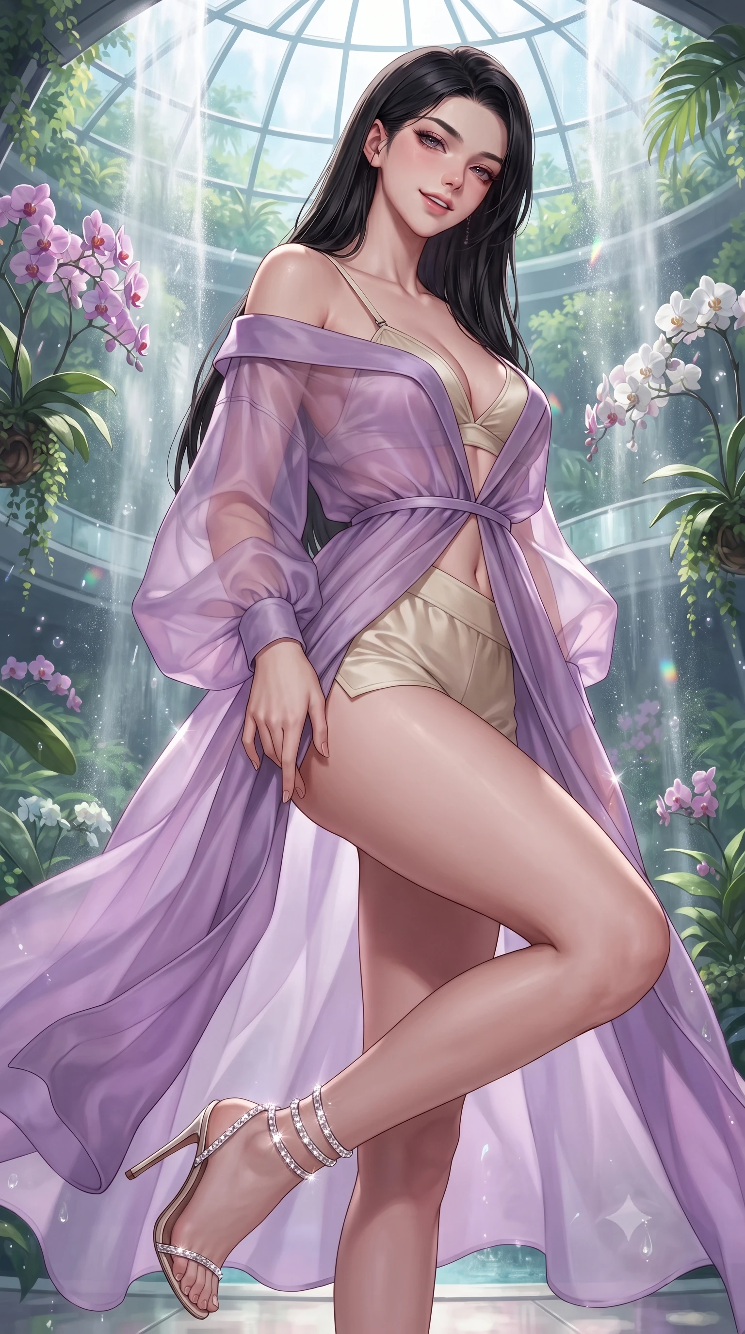 score_9, masterpiece, best quality, ultra-detailed, high-budget anime keyframe, editorial fashion photography, tasteful artistic composition, Korean woman. close-up cowboy shot from the waist and thighs up, the character dominates the composition, filling the frame with her large presence. tilting her head with a teasing half-smile, running one hand slowly down the side of her hip in a flirtatious S-curve as ambient light caresses her silhouette while twisting her slender torso in an alluring S-curve beside lush tropical orchid trees, rainbow light beams and waterfall droplets caressing her flat midriff. The background shows a soft-focus swirling thermal waterfall mist softened in futuristic garden dome shallow focus. She has an exceptionally elegant, slender, and willowy female figure with an ultra-slim waist, flat toned midriff, narrow ribcage, and sculpted feminine hips creating an alluring, slim hourglass silhouette without bulk. sharp v-shaped jawline, high-bridge nose, intricate jewel-like sparkling eyes with depth, thick eyelashes, glossy parted lips with a natural peach sheen, bright cheerful beaming smile with an enchanting and coquettish sensual glint, exuding both youthful cute charm and seductive allure, flawlessly proportioned anatomical accuracy, strict slender model proportions, natural body alignment, perfectly sculpted long slender limbs, ultra-slim waistline, clean dynamic posture without body distortion. wearing a sheer silk organza modern caftan robe worn loose and slipping off bare shoulders over a matching satin bralette and micro-shorts in Luberon lavender purple and Provençal limestone cream, tailored from ultra-plush silk velvet with rich tactile depth and deep shadow gradients, complemented by strappy stiletto sandals with crystal ankle wraps accentuating her slender calves, the precision-cut side openings and low-back scoop framing her graceful spine and the sensual sweep of her slim, toned hips. illuminated by waterfall spray specular bounce and sharp rainbow-platinum rim lights defining her dewy collarbones, ultra-slim waist, and curvy hips. ultra-reflective glossy finish, specular highlights, rich textural contrasts, high-contrast stereoscopic depth, volumetric dynamic lighting, 2k, ultra detail, master piece, 9:16 ratio