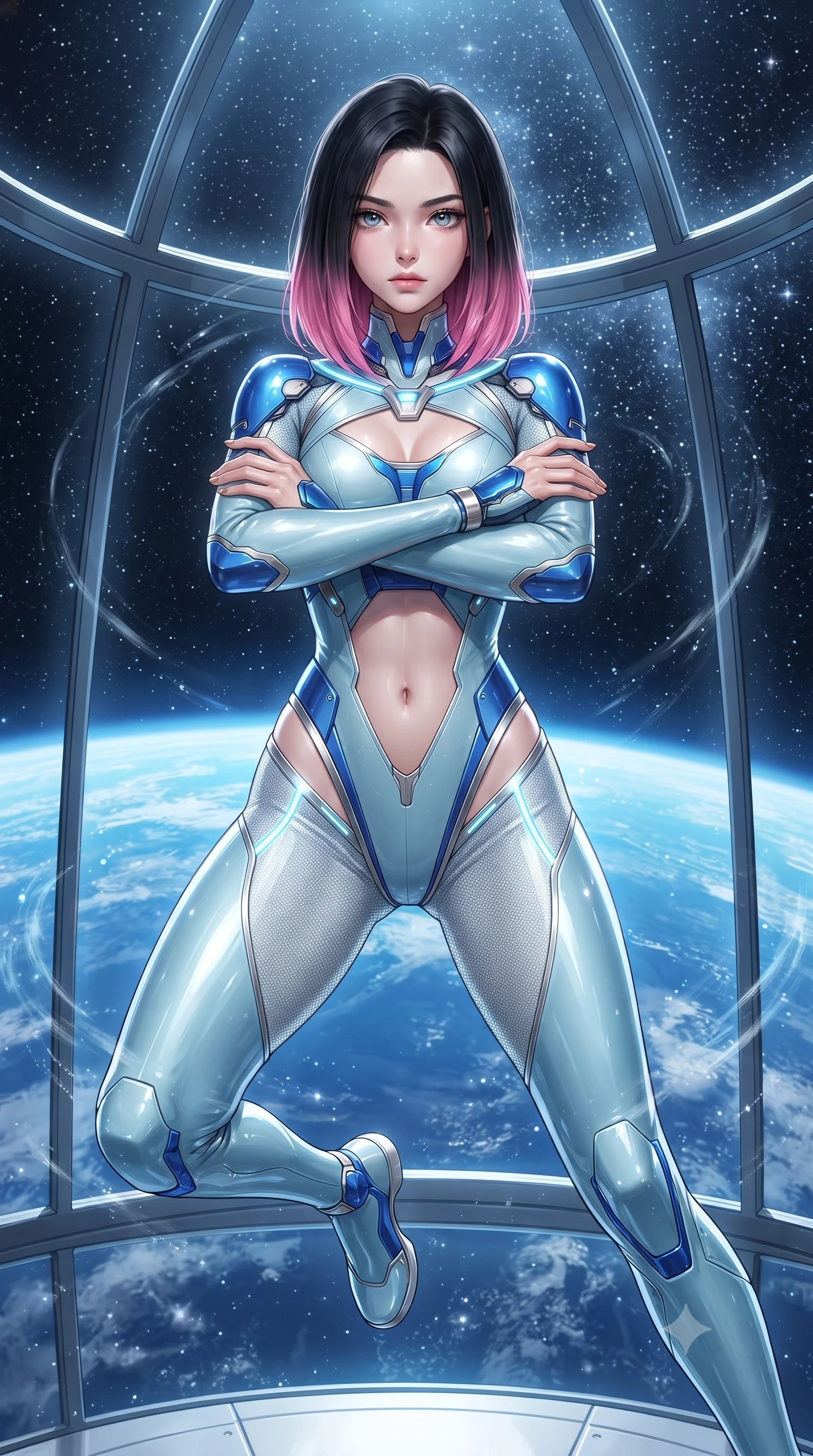 score_9, masterpiece, best quality, ultra-detailed, high-budget anime keyframe, editorial fashion photography, tasteful artistic composition, Korean woman. close-up cowboy shot from the waist and thighs up, the character dominates the composition, filling the frame with her large presence. shifting into a low cat-stance with arms crossed defensively, glowing energy conduits tracing her ultra-slim waist and sculpted clavicle while floating in zero-gravity inside a soaring glass dome dojo overlooking the brilliant blue curvature of Earth while striking a serene martial arts pose. The surrounding environment is rendered in vivid detail and crisp panoramic clarity. detailed glass dome geometric lattices, zero-G particle distortion ripples, and starry void in high clarity. She has an exceptionally elegant, slender, and willowy female figure with an ultra-slim waist, a gracefully sculpted slender torso, toned flat midriff, and a refined slim silhouette. sharp v-shaped jawline, high-bridge nose, intricate jewel-like eyes with depth, thick eyelashes, glossy lips with a natural sheen, flawlessly proportioned anatomical accuracy, strict slender model proportions, natural body alignment, perfectly sculpted long slender limbs, ultra-slim waistline, clean dynamic posture without body distortion. wearing an ultra-sleek glacial-cyan and white carbon-mesh combat bodysuit with frost-resistant kinetic shock-absorber plating in electric cobalt blue carbon with polished platinum trim, formed from high-gloss patent carbon-plating with specular chiaroscuro reflections, accented with glowing fiber-optic conduits tracing her collarbones and hip curves, the precision-cut daring openings accentuating her delicate midriff, graceful bare collarbones, and ultra-slim feminine waistline. surrounded by an awe-inspiring, serene, and radiantly supreme celestial martial goddess aura. ultra-reflective glossy finish, specular highlights, dark metallic sheen, high-contrast stereoscopic depth, volumetric dynamic lighting, 2k, ultra detail, master piece, 9:16 ratio