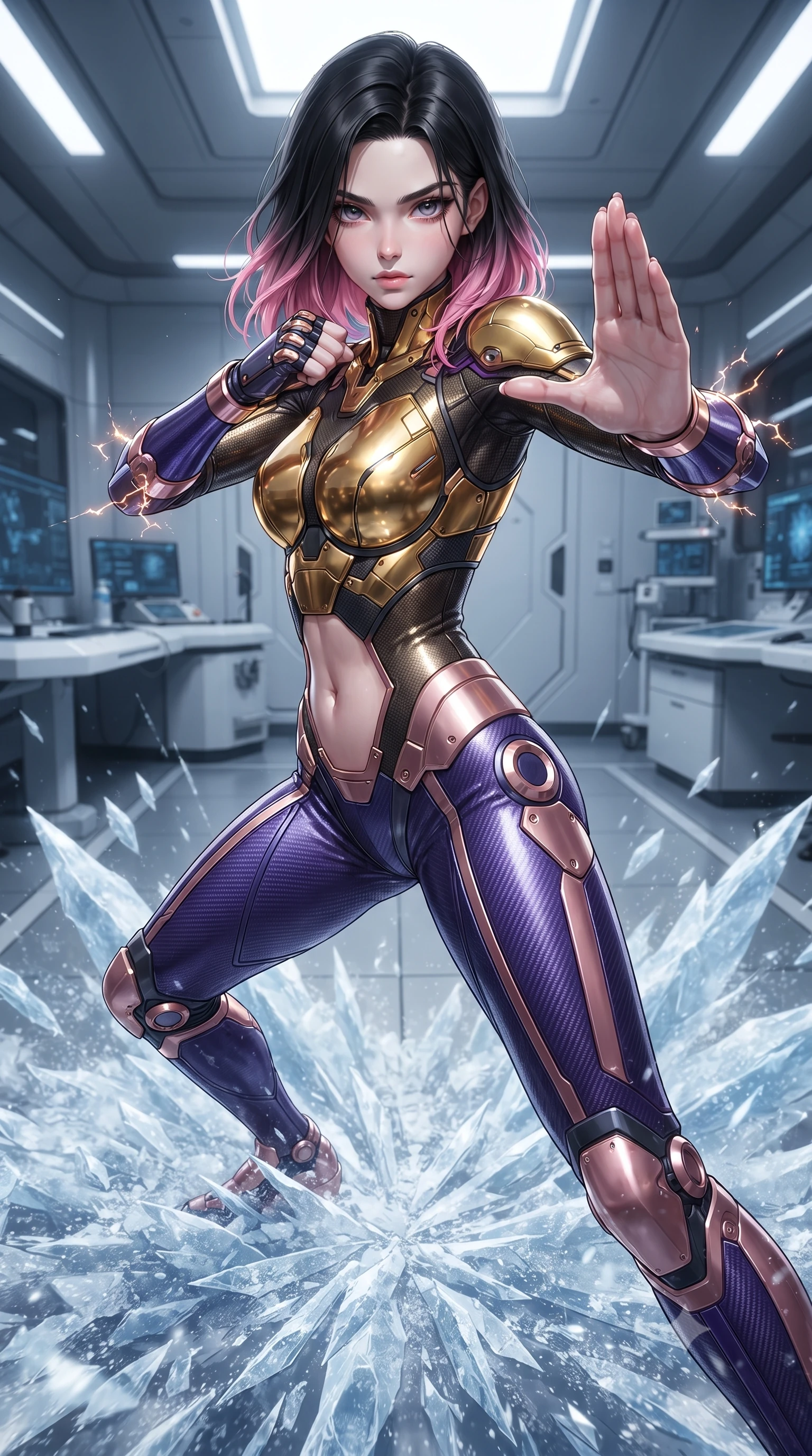 score_9, masterpiece, best quality, ultra-detailed, high-budget anime keyframe, editorial fashion photography, tasteful artistic composition, Korean woman. close-up cowboy shot from the waist and thighs up, the character dominates the composition, filling the frame with her large presence. twisting her upper body in a dynamic S-curve martial arts stance, cybernetic elbow dampers emitting subtle electric sparks as she aims a focused palm strike while stomping forcefully onto the frozen laboratory floor, sending a radial shockwave of shattered ice and diamond frost across the room. The surrounding environment is rendered in vivid detail and crisp panoramic clarity. high-contrast arctic chiaroscuro and sleek high-tech laboratory ruin captured with precision. She has an exceptionally elegant, slender, and willowy female figure with an ultra-slim waist, a gracefully sculpted slender torso, toned flat midriff, and a refined slim silhouette. sharp v-shaped jawline, high-bridge nose, intricate jewel-like eyes with depth, thick eyelashes, glossy lips with a natural sheen, flawlessly proportioned anatomical accuracy, strict slender model proportions, natural body alignment, perfectly sculpted long slender limbs, ultra-slim waistline, clean dynamic posture without body distortion. wearing a sculpted molten-gold and dark carbon cuirass paired with high-mobility combat leggings and kinetic energy channels in royal purple carbon fiber with rose-gold hardware and clasps, made of lightweight aerodynamic carbon-titanium alloy with polished edge bevels, detailed with magnetic knuckle shock-absorbers and polished chrome articulation joints, the form-contouring material adhering flawlessly to her sculpted flat midriff and slender torso, emphasizing her long leg lines and perfectly proportioned willowy build. illuminated by crisp specular ice refractions outlining her ultra-slim waist, long legs, and flat midriff. ultra-reflective glossy finish, specular highlights, dark metallic sheen, high-contrast stereoscopic depth, volumetric dynamic lighting, 2k, ultra detail, master piece, 9:16 ratio