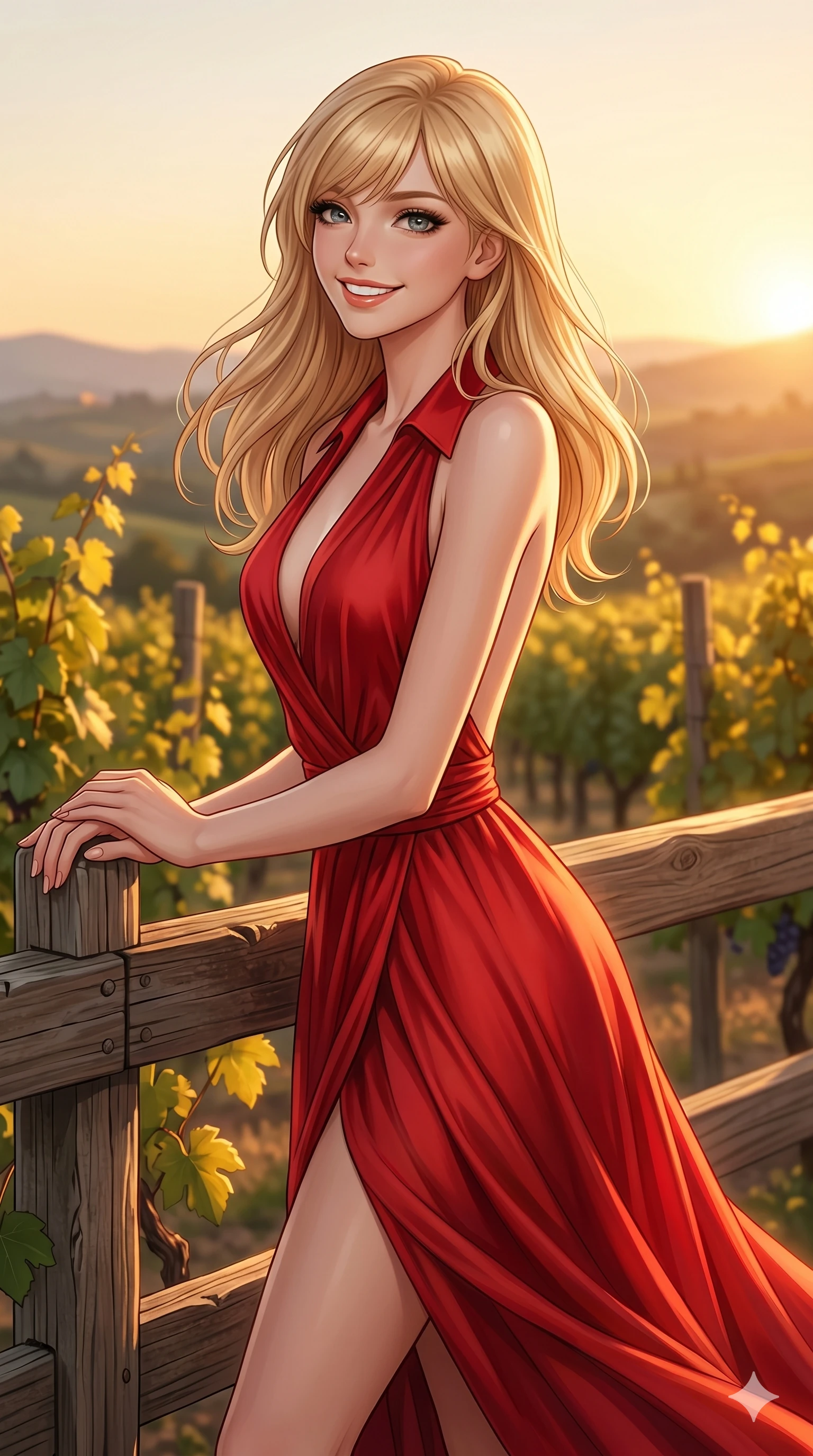 score_9, masterpiece, best quality, ultra-detailed, high-budget anime keyframe, editorial fashion photography, tasteful artistic composition, Caucasian woman, strictly human ears. cowboy shot from the thighs up, character and outfit filling the frame for maximum editorial presence. looking back over her shoulder with a bright, confident smile leaning on a wooden fence of a hilltop vineyard. She has an absolutely perfect 8-heads proportion, an exceptionally tall and slender female figure with impossibly long slender legs and an ultra-slim waist. V-shaped jawline, high-bridge nose, intricate jewel-like eyes with depth, thick eyelashes, glossy lips with a natural sheen. wearing a red wrap dress with a deep plunging collar and an open-back design. bathed in warm golden hour light, with the grapevines glowing in the background. 2k, ultra detail, master piece, 9:16 ratio