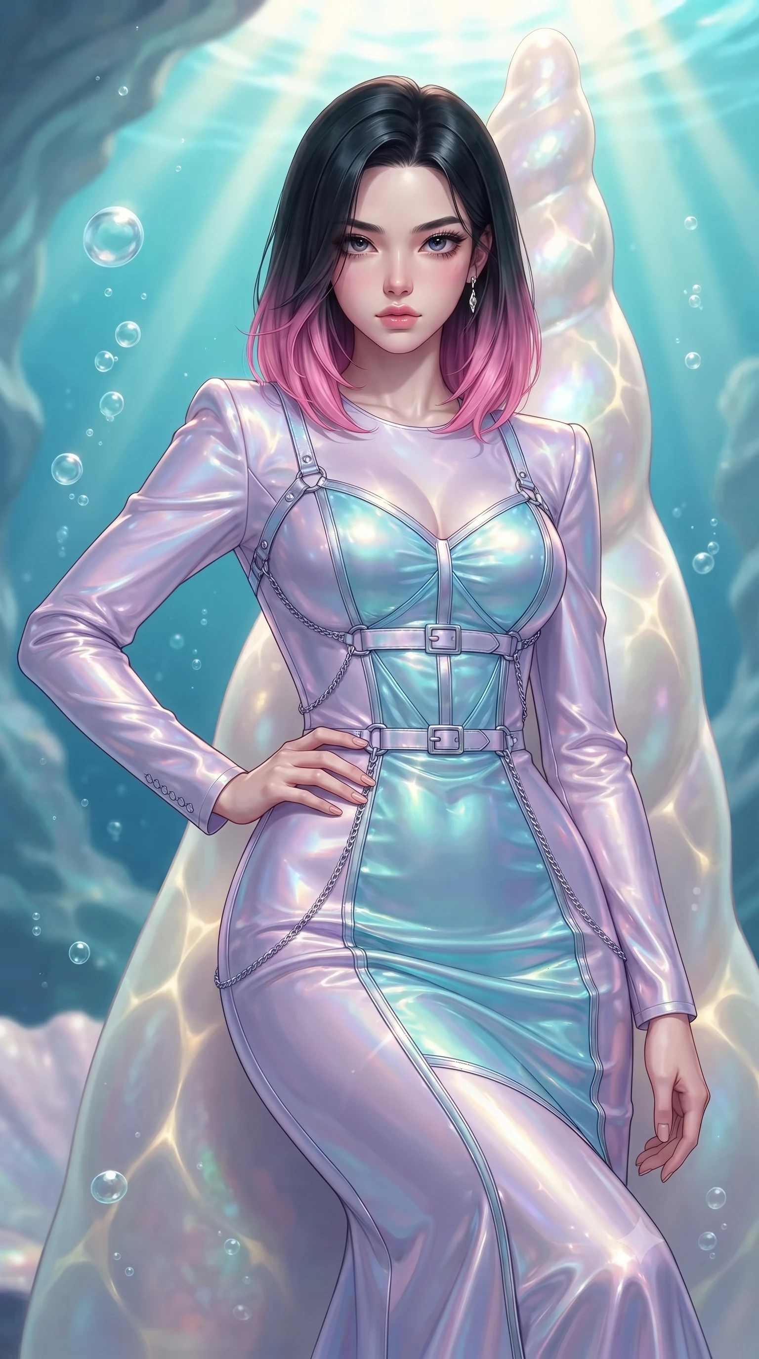score_9, masterpiece, best quality, ultra-detailed, high-budget anime keyframe, editorial fashion photography, tasteful artistic composition, Korean woman. close-up cowboy shot from the waist and thighs up, the character dominates the composition, filling the frame with her large presence, background elements kept in soft focus. Holding a confident power pose with one hand on her hip, resting against a pearl spire as gentle ocean bubbles rise around her, golden sunbeams penetrating turquoise water creating caustic light patterns. She has an exceptionally elegant, slender, and willowy female figure with an ultra-slim waist, a gracefully sculpted slender torso, and a refined silhouette. sharp v-shaped jawline, high-bridge nose, intricate jewel-like eyes with depth, thick eyelashes, glossy lips with a natural sheen. wearing fitted opal-glazed silk maxi dress hugging every curve in pastel lavender violet, made of iridescent turquoise taffeta, framed by polished silver buckles and delicate chain details, accentuating her gracefully sculpted slender torso. bathed in brilliant underwater sunbeams and soft turquoise caustic glow. ultra-reflective glossy finish, specular highlights, metallic sheen, high-contrast stereoscopic depth, volumetric dynamic lighting, 2k, ultra detail, master piece, 9:16 ratio