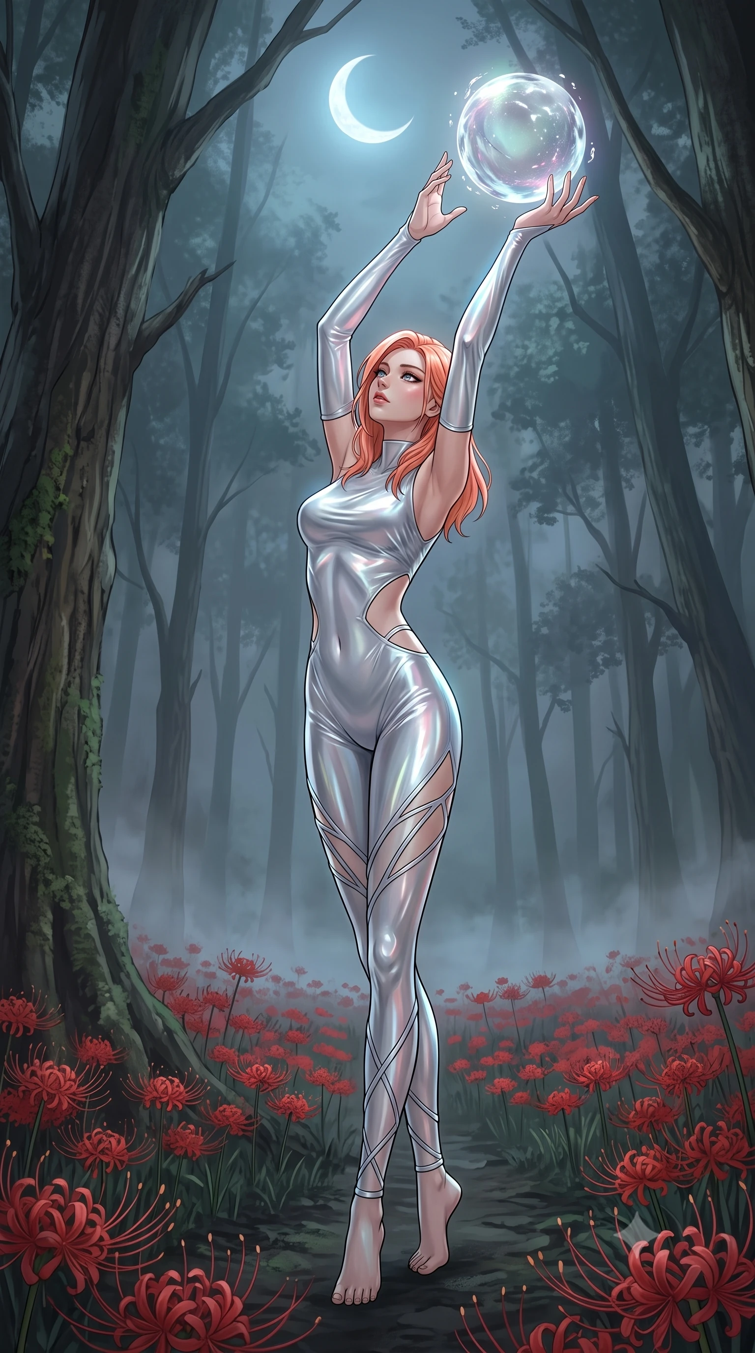 score_9, masterpiece, best quality, ultra-detailed, High-budget Anime Keyframe, East Asian woman. Dynamic full-body shot stretching the vertical silhouette to the limit. Scenario 472: reaching out to catch a floating sphere of liquid light in a misty dark forest under a crescent moon with red spider lilies blooming. Her presence is magnetic and overpowering in this high-budget anime scene. Outfit 472: a slim-fit liquid silver shimmering chiffon catsuit with strategic waist cut-outs and slender leg straps. The clothing is designed to emphasize her exceptionally tall and slender 8-heads proportion. 8-heads proportion, towering silhouette, ultra-slim waist. sharp v-shaped jawline, intricate jewel-like eyes with depth, thick eyelashes, glossy lips. 2k, ultra detail, master piece, 9:16 ratio