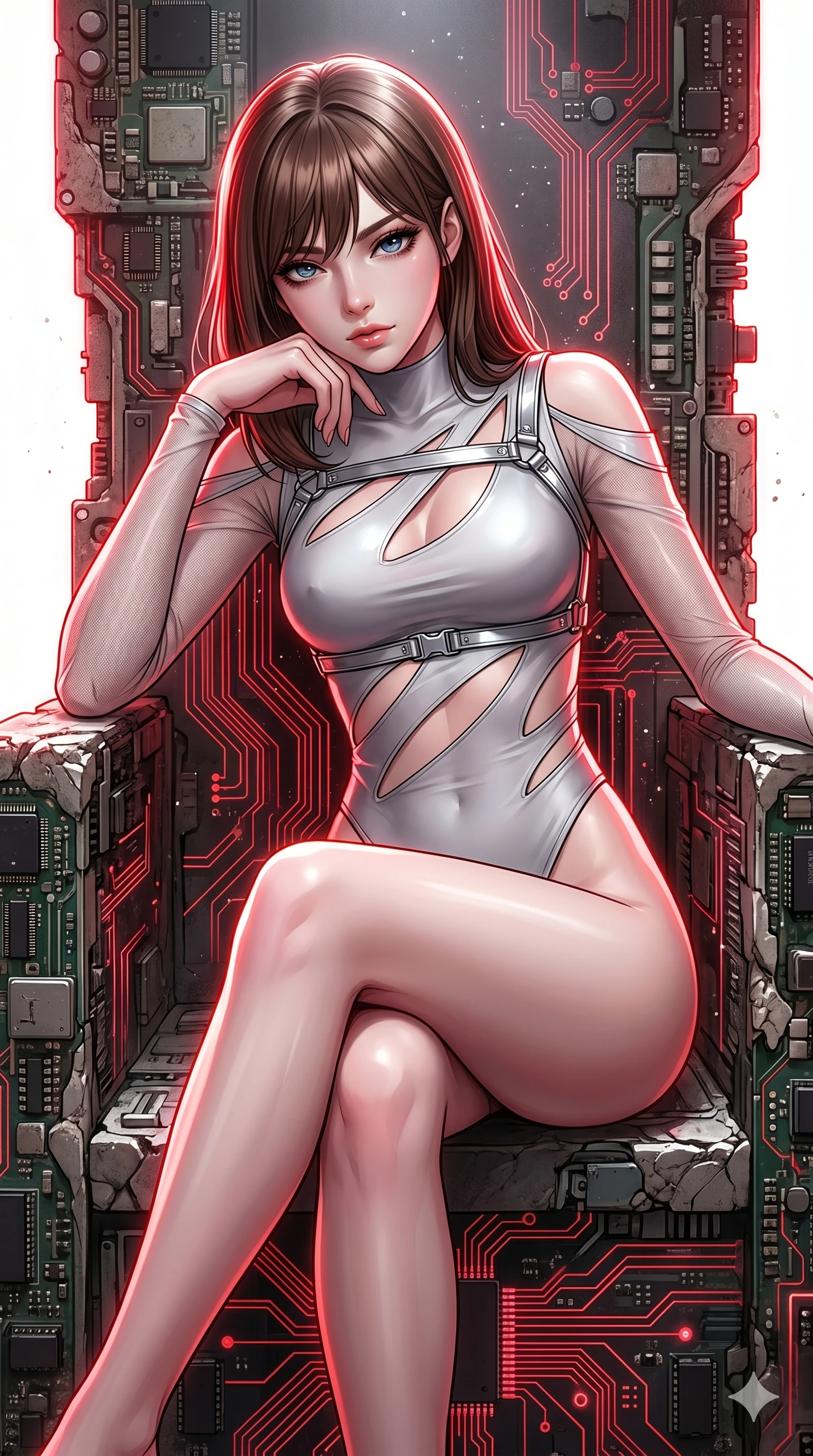 score_9, masterpiece, best quality, ultra-detailed, high-budget anime keyframe, editorial fashion photography, tasteful artistic composition, Korean woman. Upper body close-up from the thighs up, character filling the screen for maximum presence. She is seated dynamically on a throne of calcified logic boards and glowing red circuits. She leans forward with a dangerous, enticing smolder, resting one elbow on her knee. She has an absolutely perfect 8-heads proportion, an exceptionally tall and slender female figure with impossibly long slender legs and an ultra-slim waist. V-shaped jawline, high-bridge nose, intricate jewel-like eyes with depth, thick eyelashes, glossy lips with a natural sheen. She is wearing an ultra-sleek high-cut tech-bodysuit featuring dangerous diagonal slitted cutouts on the midriff and shoulders, reinforced by a metallic silver harness and sheer mesh sleeves. The scene is bathed in bright white studio flash light and sharp crimson rim lighting outlining her silhouette. 2k, ultra detail, master piece, 9:16 ratio