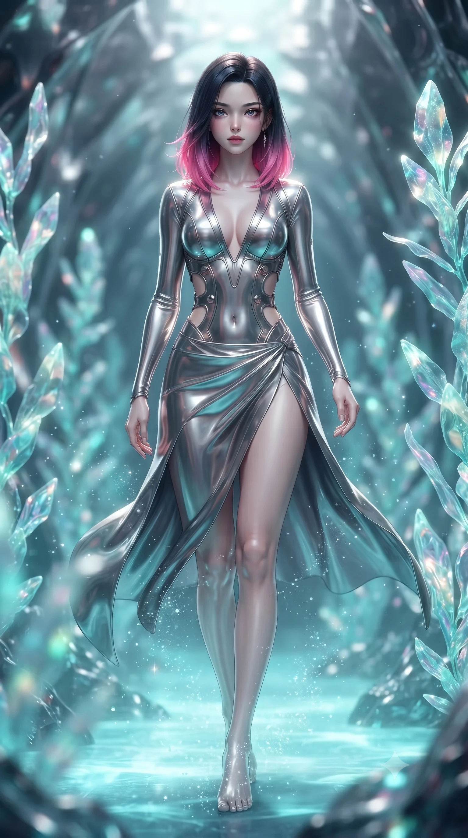 score_9, masterpiece, best quality, ultra-detailed, high-budget anime keyframe, editorial fashion photography, tasteful artistic composition, Korean woman. low angle full-body shot from head to toe showing her feet, filling the entire 9:16 vertical frame with her statuesque presence, stretching her vertical silhouette. stepping gracefully through floating stardust particles, her body-contouring suit showing her athletic, slender silhouette, the background shows a soft-focus a volcanic glass ballroom tunnel running through a forest of glass kelp. She has an absolutely perfect, statuesque 8.5-heads proportion, an exceptionally tall and slender model-like female figure with impossibly long slender legs and an ultra-slim waist. sharp v-shaped jawline, high-bridge nose, intricate jewel-like eyes with depth, thick eyelashes, glossy lips with a natural sheen. wearing a body-hugging deep plunging-V neck bodycon armor top, featuring keyhole cutouts along the ribs and a thigh-slit wrap skirt. ethereal turquoise light diffusing from the ocean floor, wrapping her form. ultra-reflective glossy finish, specular highlights, metallic sheen, high-contrast stereoscopic depth, volumetric dynamic lighting, 2k, ultra detail, master piece, 9:16 ratio