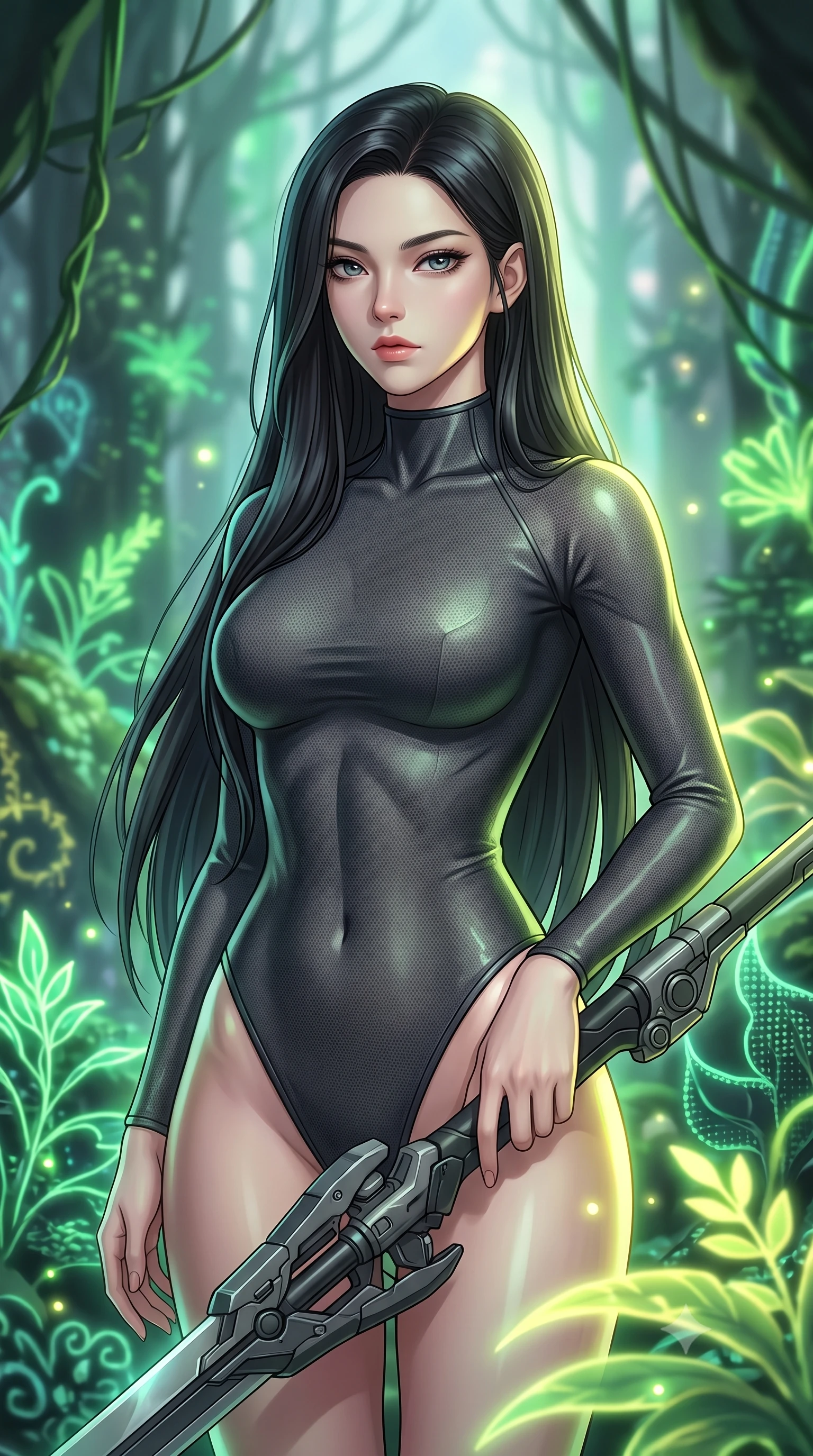 score_9, masterpiece, best quality, ultra-detailed, high-budget anime keyframe, editorial fashion photography, tasteful artistic composition, Korean woman. close-up cowboy shot from the waist and thighs up, the character dominates the composition, filling the frame with her large presence, background elements kept in soft focus. holding a deactivated nanotech glaive, looking past the camera with quiet, sharp focus and a composed expression, the background shows a soft-focus a holographic forest simulation with glowing neon green plants and vines. She has an exceptionally elegant, slender, and willowy female figure with an ultra-slim waist, a gracefully sculpted slender torso, and a refined silhouette. sharp v-shaped jawline, high-bridge nose, intricate jewel-like eyes with depth, thick eyelashes, glossy lips with a natural sheen. wearing a form-contouring form-fitting dark grey nano-mesh bodysuit with a high-neck collar, tracing her slender waist and hips. soft green and yellow digital plant light wrapping her form in an organic glow. highly saturated vibrant anime colors, detailed shading with soft gradients, rich glossy textures, high-contrast stereoscopic depth, volumetric dynamic lighting, master piece, 9:16 ratio