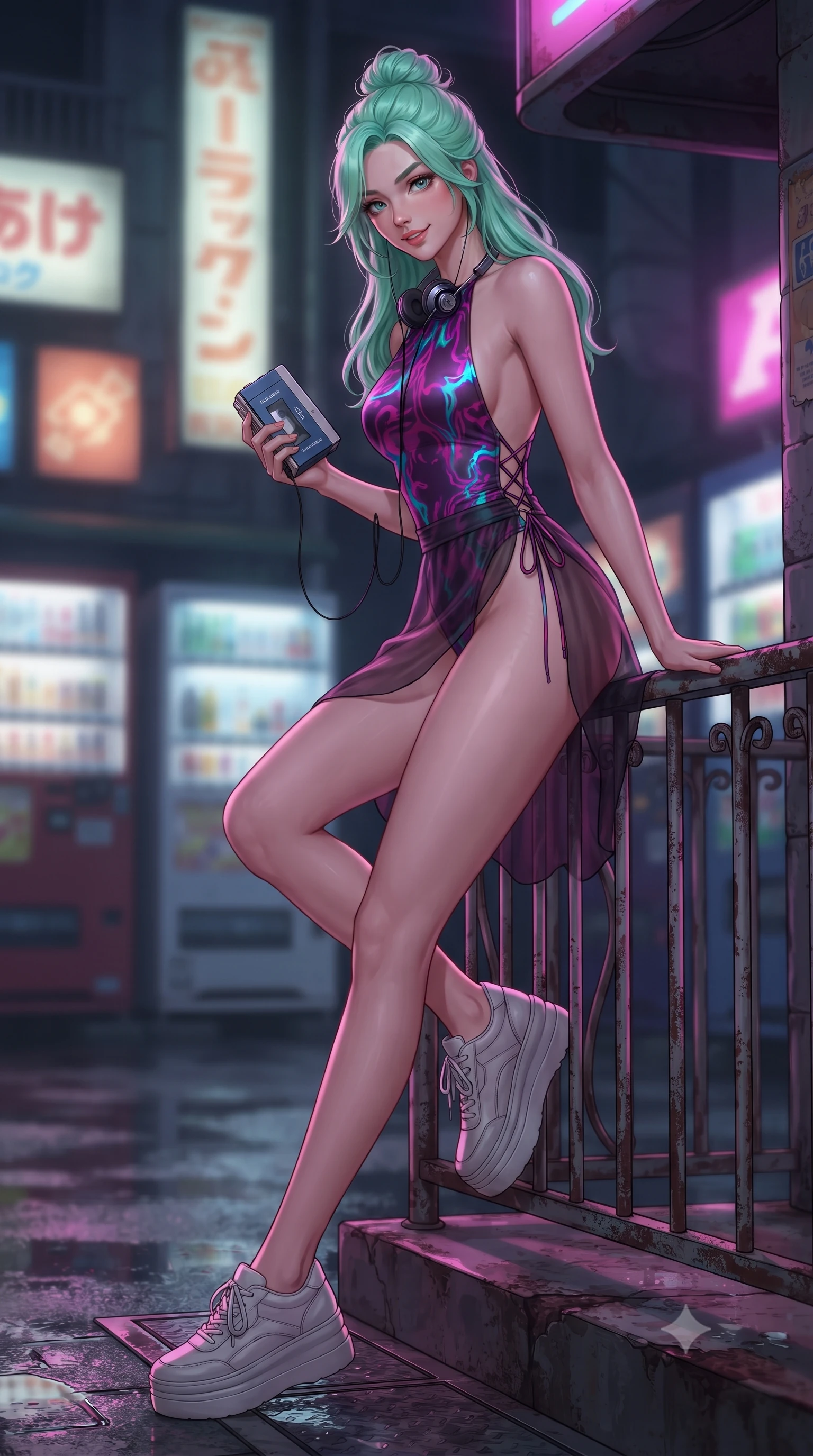 score_9, masterpiece, best quality, ultra-detailed, high-budget anime keyframe, editorial fashion photography, tasteful artistic composition, Japanese woman. low angle full-body shot from head to toe showing her feet, filling the entire 9:16 vertical frame with her statuesque presence, stretching her vertical silhouette. leaning deep against the balcony balustrade with hips cocked back in an unapologetically alluring high-fashion stance, casting an intoxicating glance while sitting perched on the metal railing of the arcade entrance with legs extended, holding a cassette walkman with effortless 80s cool. The background shows a soft-focus vending machine glows softened in nostalgic retro city shallow focus. She has an absolutely perfect, statuesque 8.5-heads proportion, an exceptionally tall and slender model-like female figure with impossibly long slender legs, an ultra-slim waist, a flat toned midriff, narrow delicate ribcage, and beautifully sculpted feminine hips creating a graceful, slim hourglass silhouette without any bulky heaviness. sharp v-shaped jawline, high-bridge nose, sparkling eyes with hypnotic seductive depth, thick curled eyelashes, glossy parted lips with a natural dewy peach sheen, alluring bedroom-eyes with an enchanting coquettish smile, exuding magnetic siren charisma and sophisticated glamour, flawlessly proportioned anatomical accuracy, strict slender model proportions, natural body alignment, perfectly sculpted long slender limbs, ultra-slim waistline, clean dynamic posture without body distortion. wearing a liquid-tight backless silk halter leotard styled with a sheer wrap overskirt revealing her long slender legs and hip curve in dual-tone high-contrast neon monochrome, crafted from fluid liquid silk satin that clings smoothly to every curve with a dewy sheen, featuring fine criss-cross lace-up side ties revealing tantalizing glimpses of her hip curve, the liquid-tight tailored fabric clinging flawlessly to her narrow waist and rounded feminine hips, emphasizing every millimeter of her sculpted slim hourglass curves without any bulky heaviness. illuminated by puddle specular bounce and sharp magenta rim lights defining her razor-sharp jawline, ultra-slim waist, and curvy hips. ultra-reflective glossy finish, specular highlights, rich textural contrasts, high-contrast stereoscopic depth, volumetric dynamic lighting, 2k, ultra detail, master piece, 9:16 ratio