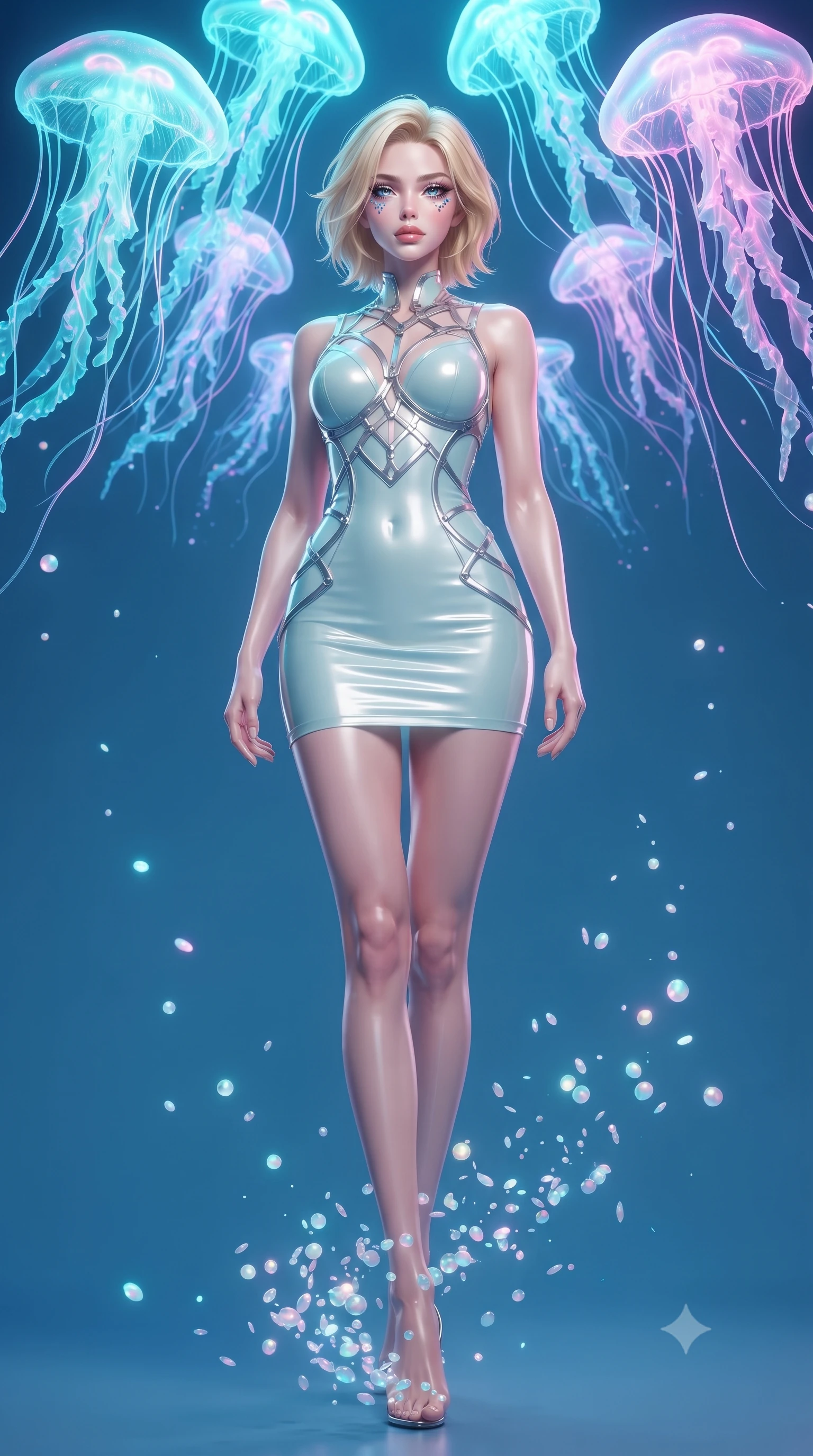 score_9, masterpiece, best quality, ultra-detailed, high-budget anime keyframe, editorial fashion photography, tasteful artistic composition, Caucasian woman. low angle full-body shot from head to toe showing her feet, filling the entire 9:16 vertical frame with her statuesque presence, stretching her vertical silhouette. interacting with floating opal particles, her long slender legs poised in motion, standing beneath a canopy of floating luminous jellyfish tentacles glowing with iridescent cyan and pink, dramatic contrast of luminous pastel creatures against a serene deep blue background. She has an absolutely perfect, statuesque 8.5-heads proportion, an exceptionally tall and slender model-like female figure with impossibly long slender legs and an ultra-slim waist. sharp v-shaped jawline, high-bridge nose, intricate jewel-like eyes with depth, thick eyelashes, glossy lips with a natural sheen. wearing precision-fitted bodycon dress in high-gloss liquid pearl vinyl in pale opal seafoam, made of high-gloss liquid pearl vinyl, highlighted by a platinum metallic harness structure, following her slender form with tailored precision. surrounded by a glowing aura of opal starlight and soft diffused rim highlights. highly saturated vibrant anime colors, detailed shading with soft gradients, rich glossy textures, high-contrast stereoscopic depth, volumetric dynamic lighting, master piece, 9:16 ratio